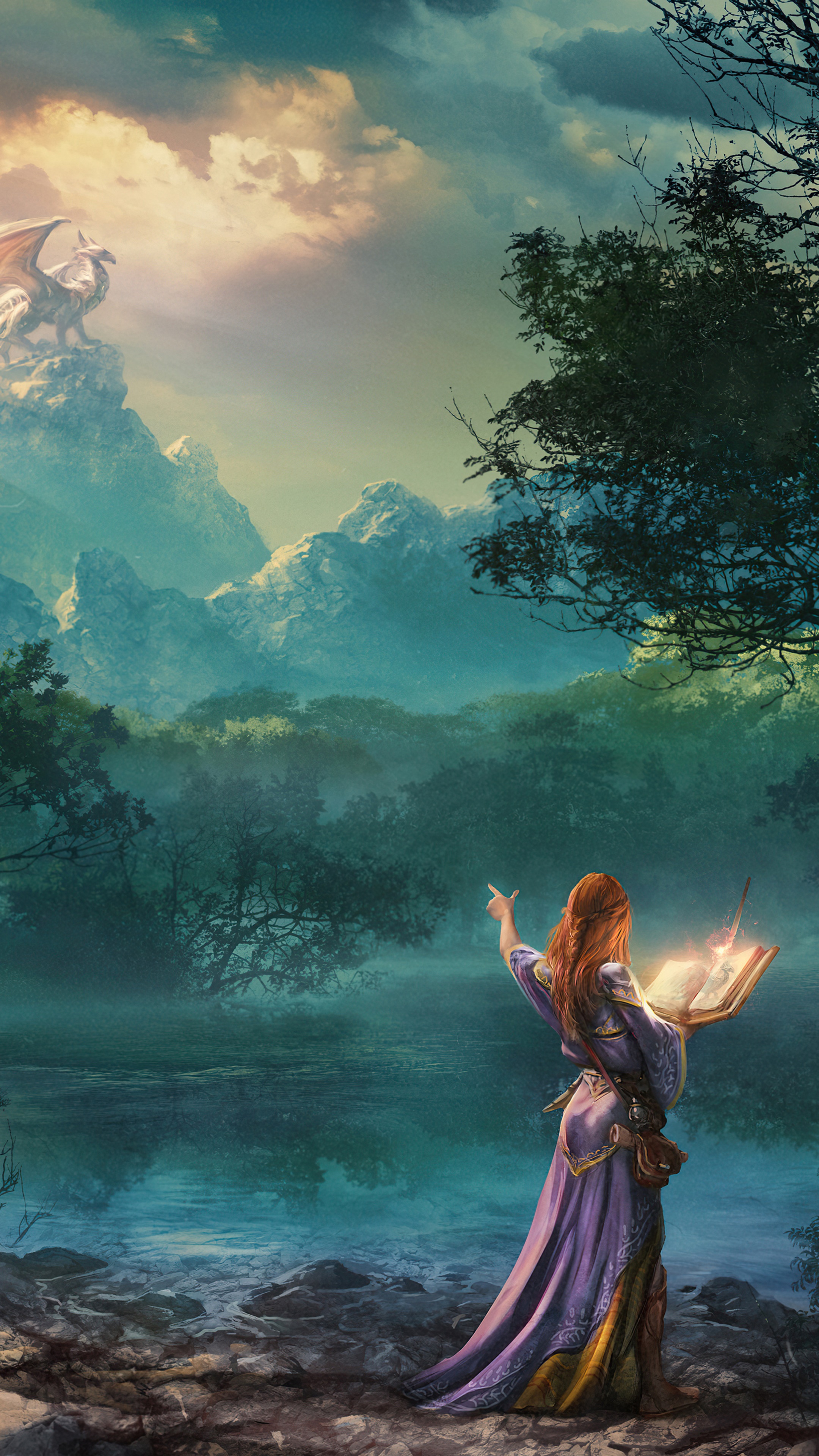 Dragon and sorceress with magic book HD Phone Wallpaper