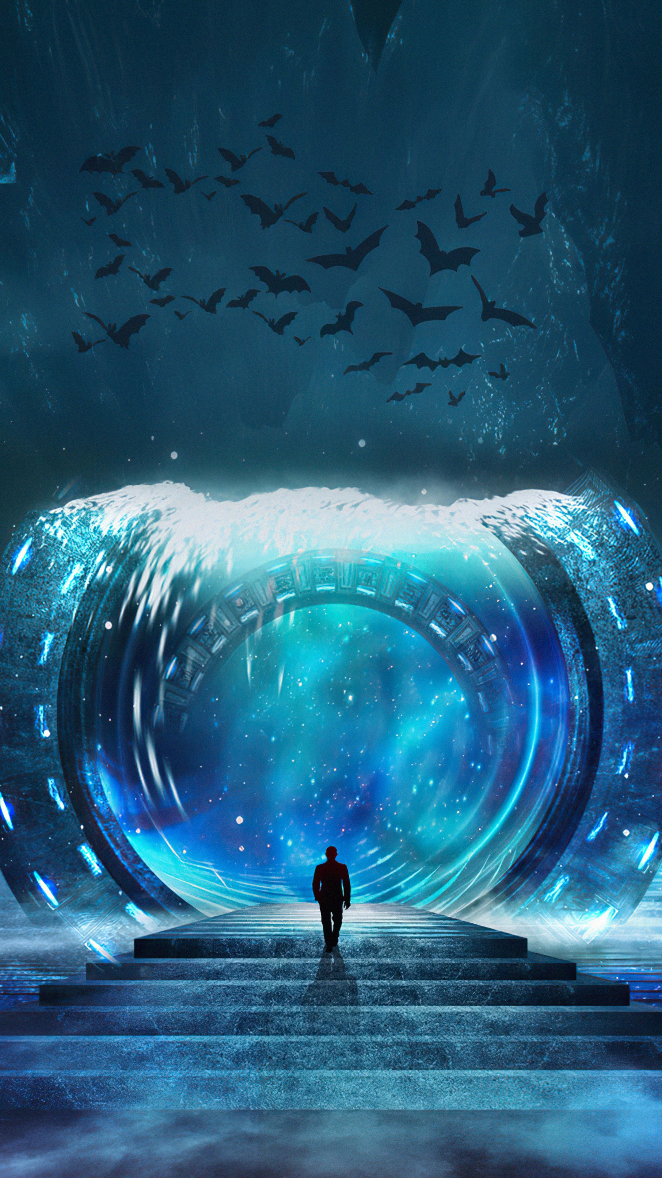 Man walking through a portal with bats in a cave 4K HD Phone Wallpaper