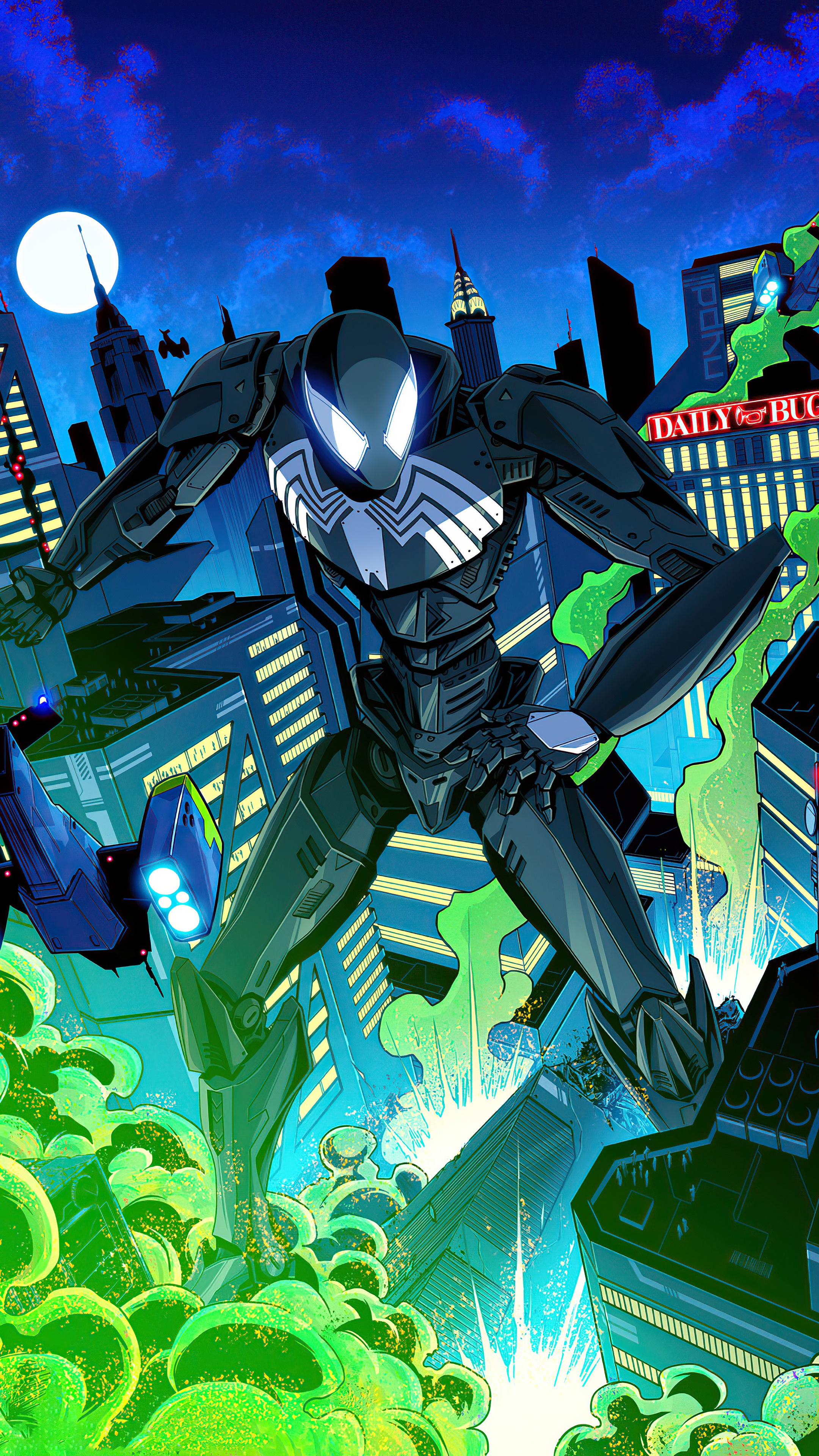 Spider-Man in a black suit with white spider emblem in a city at night HD Phone Wallpaper