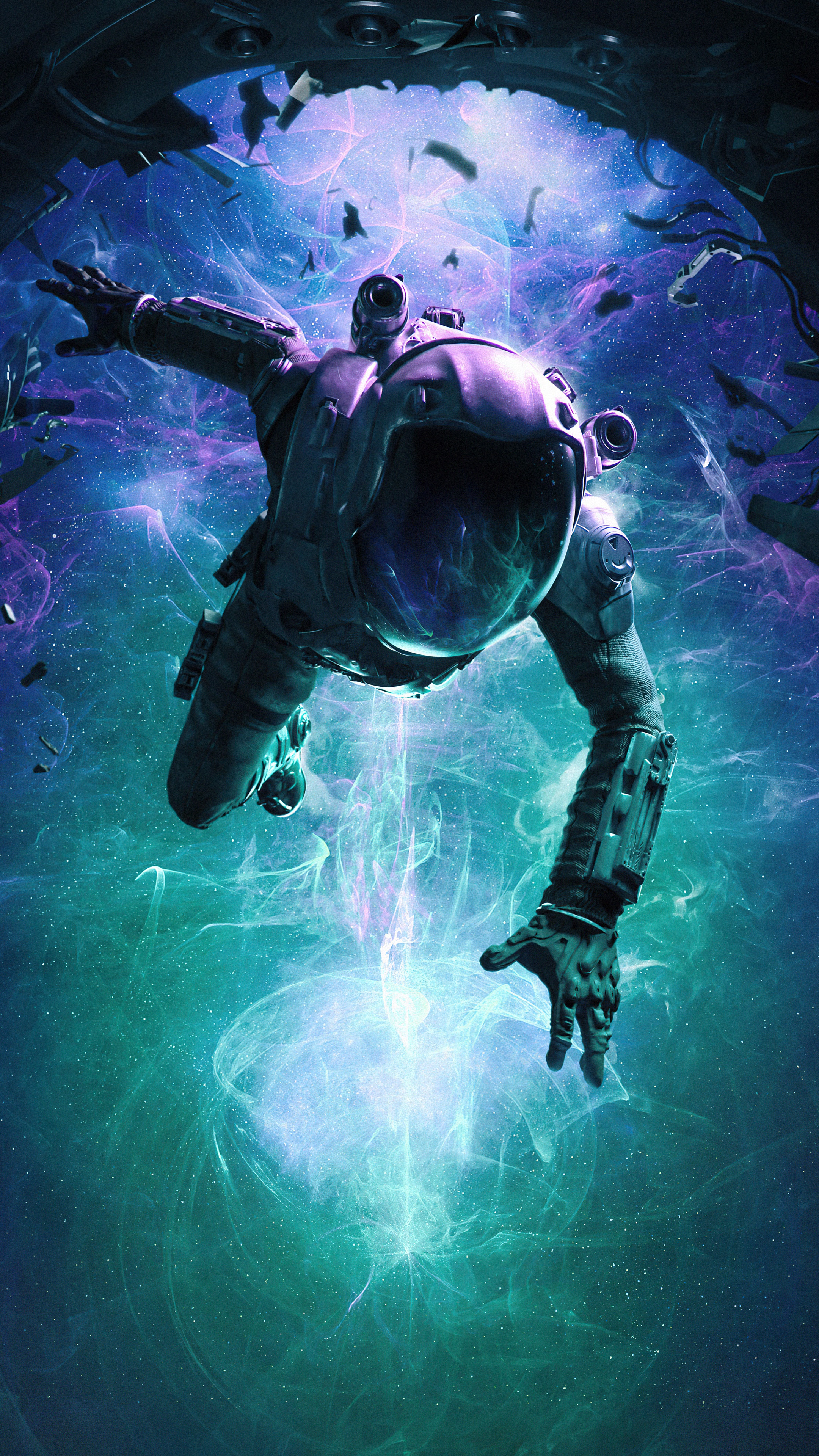 Astronaut floating in cosmic nebula HD Phone Wallpaper
