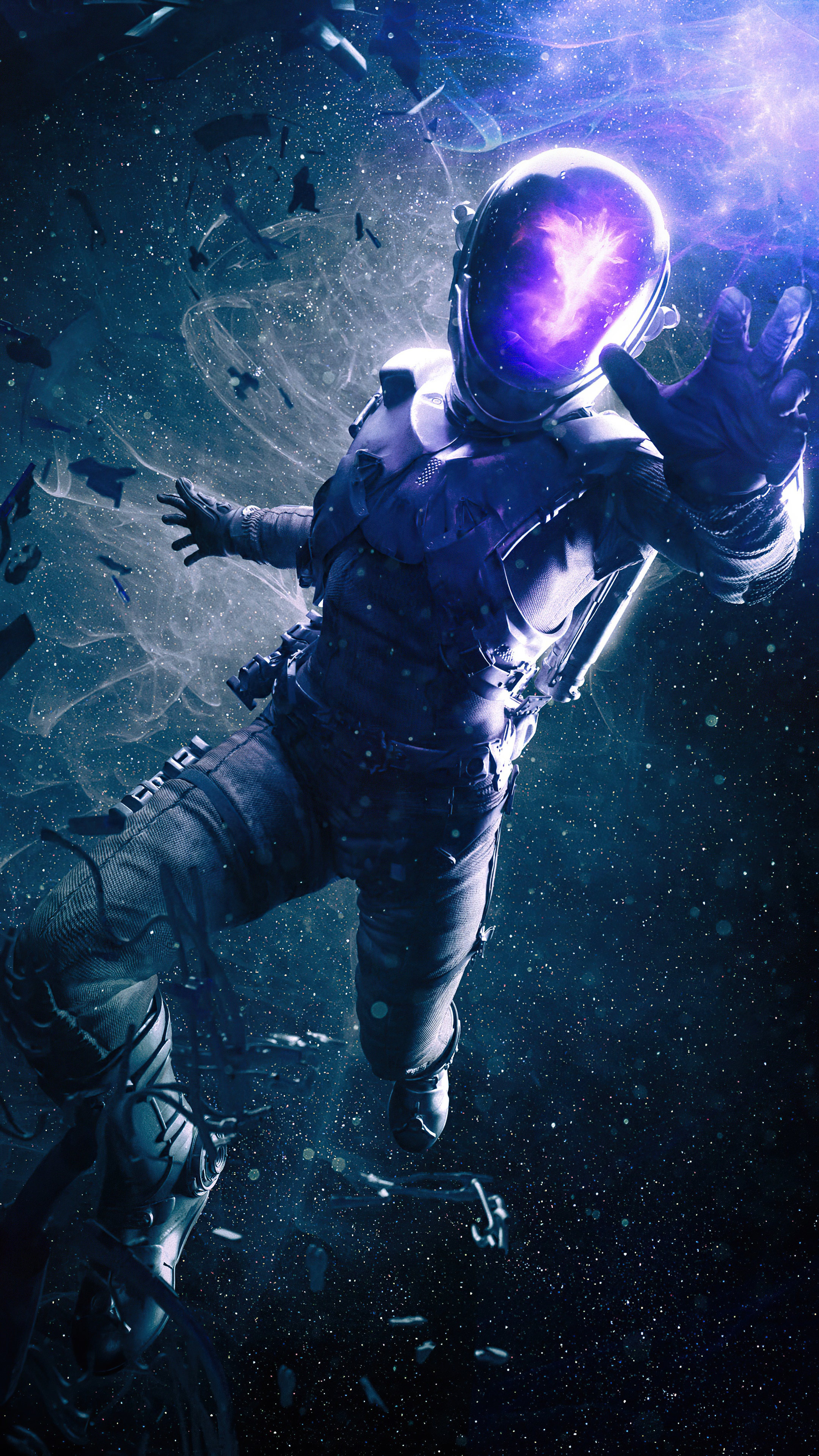 Astronaut in space with purple nebula in helmet HD Phone Wallpaper