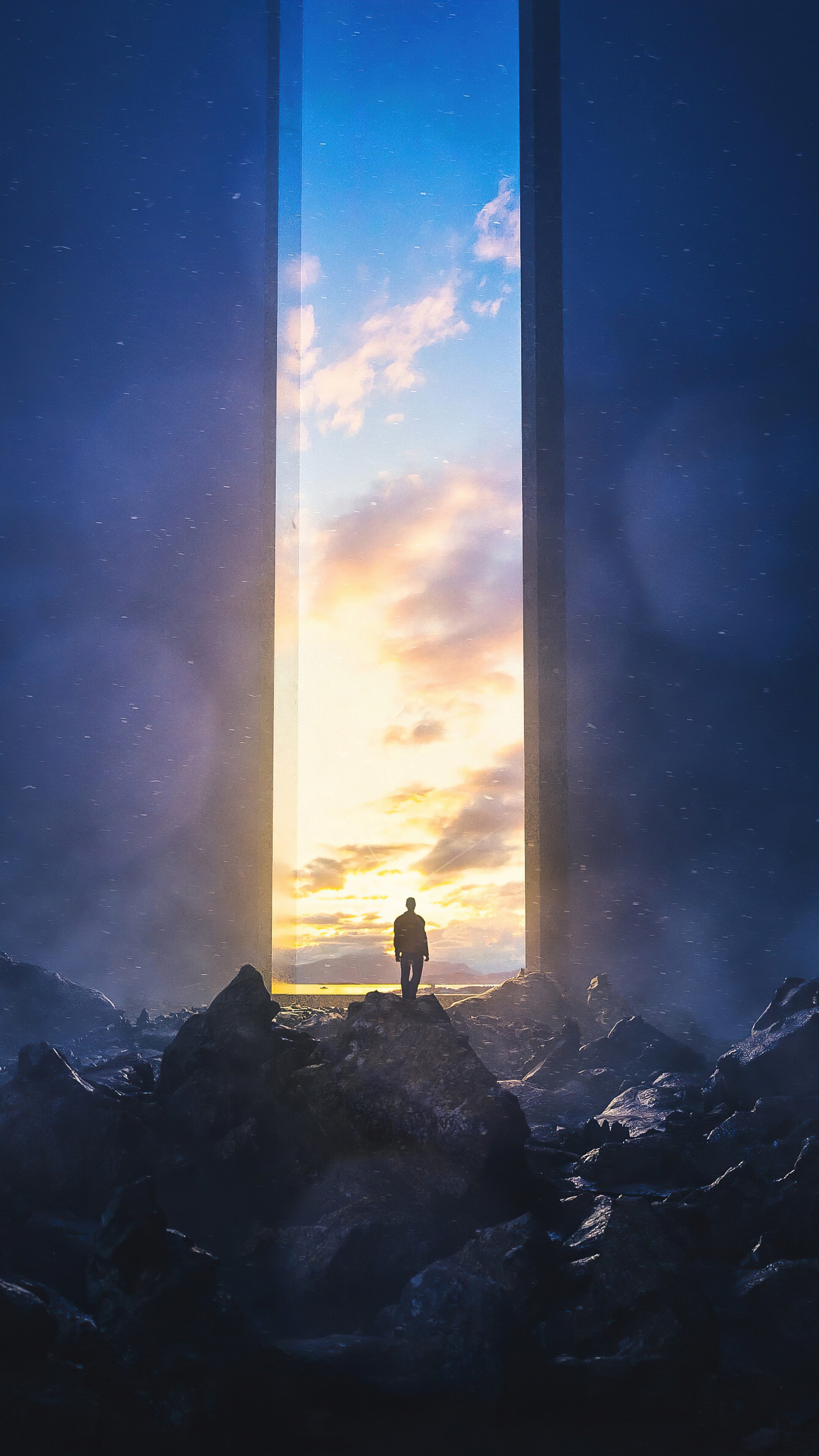 Man standing before a portal to the sky HD Phone Wallpaper