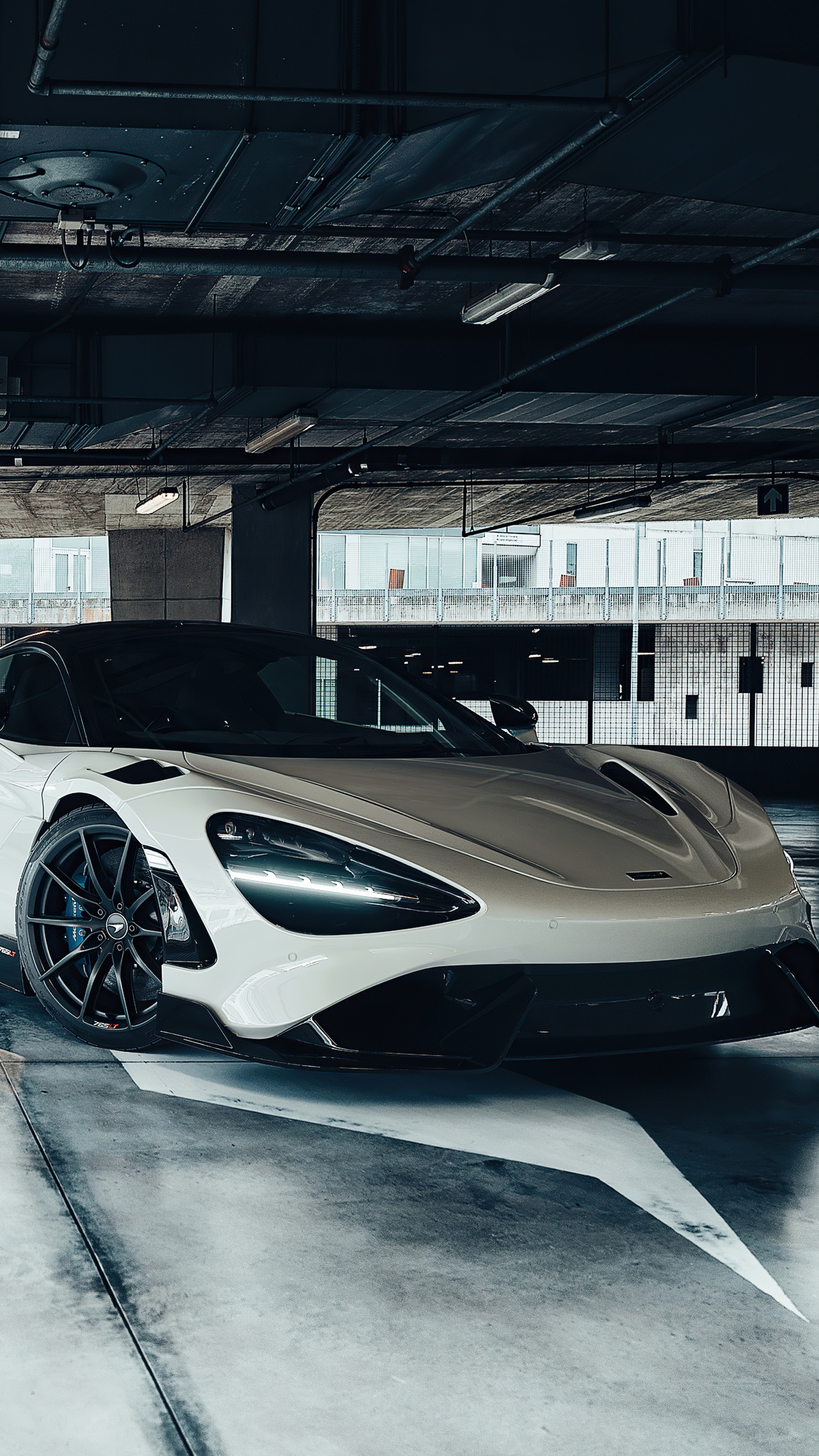 White McLaren 765LT in parking garage HD Phone Wallpaper