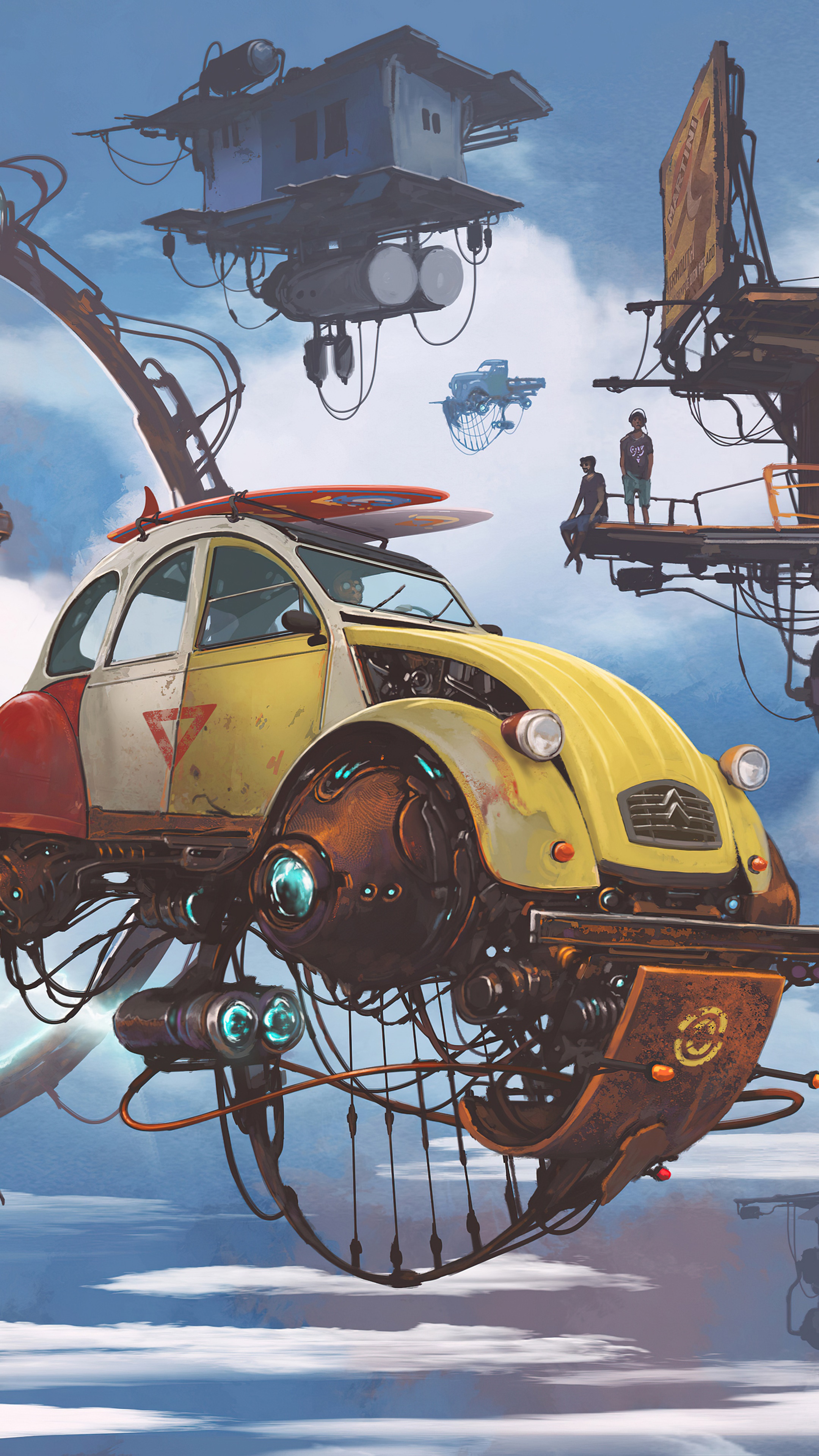 Steampunk flying car with surfboards in a sky city HD Phone Wallpaper