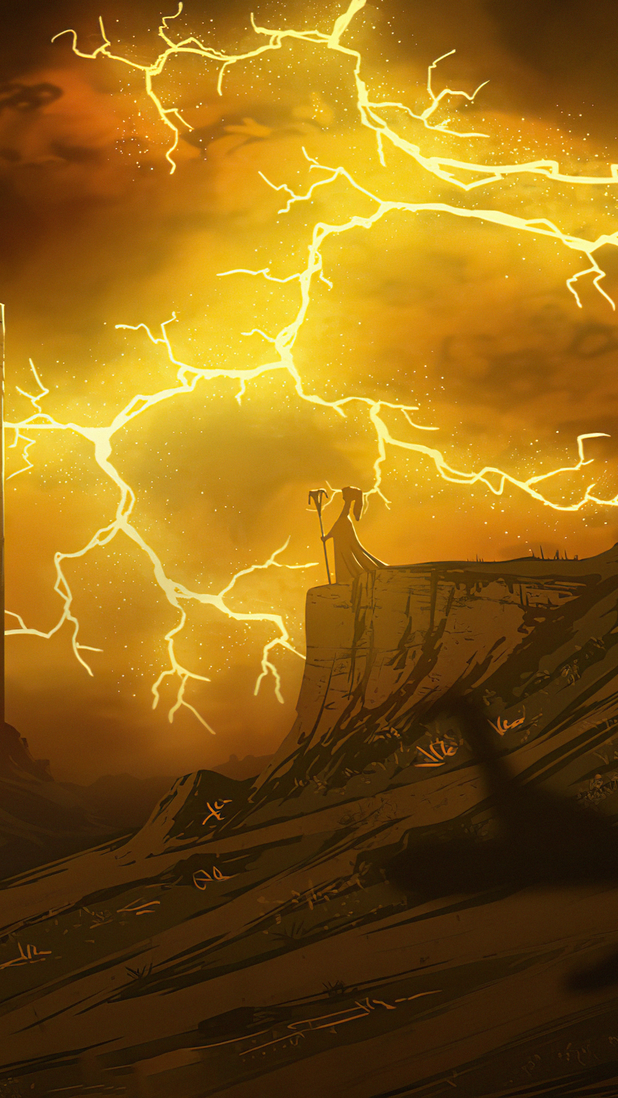 Figure on a cliff during a lightning storm HD Phone Wallpaper