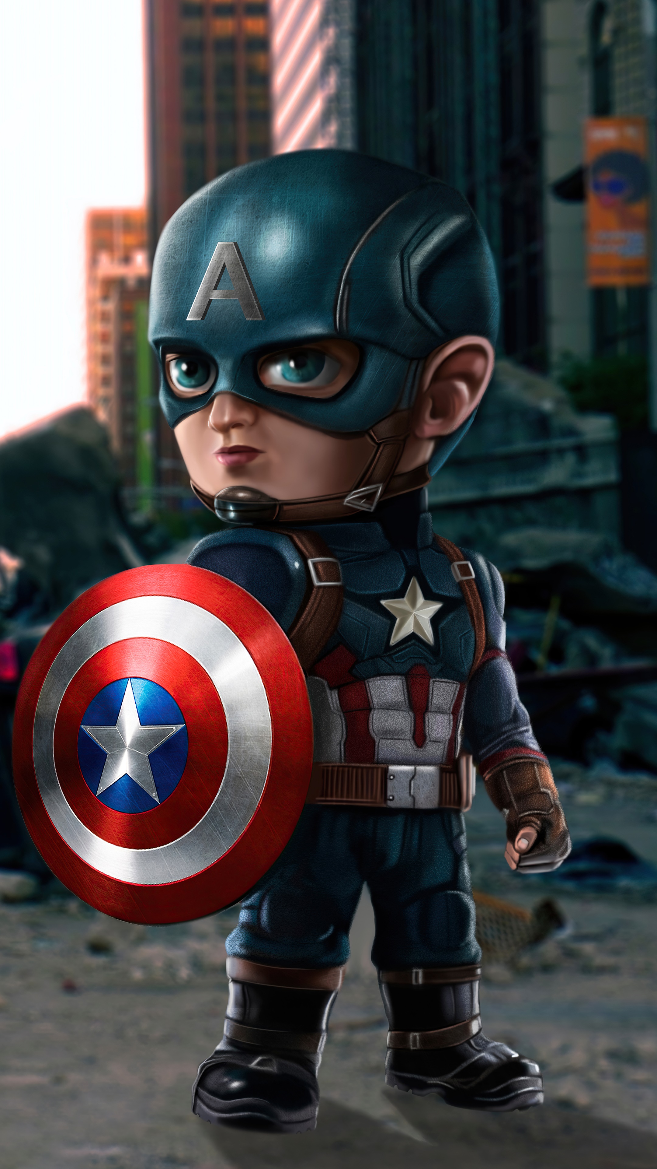 Chibi Captain America with Shield in City Ruins HD Phone Wallpaper