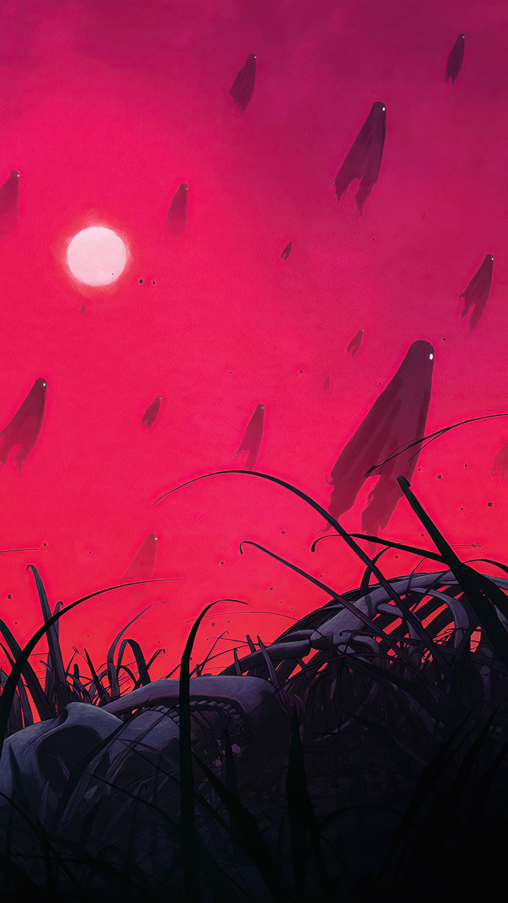 Ghosts in a red sky with a large skeleton HD Phone Wallpaper