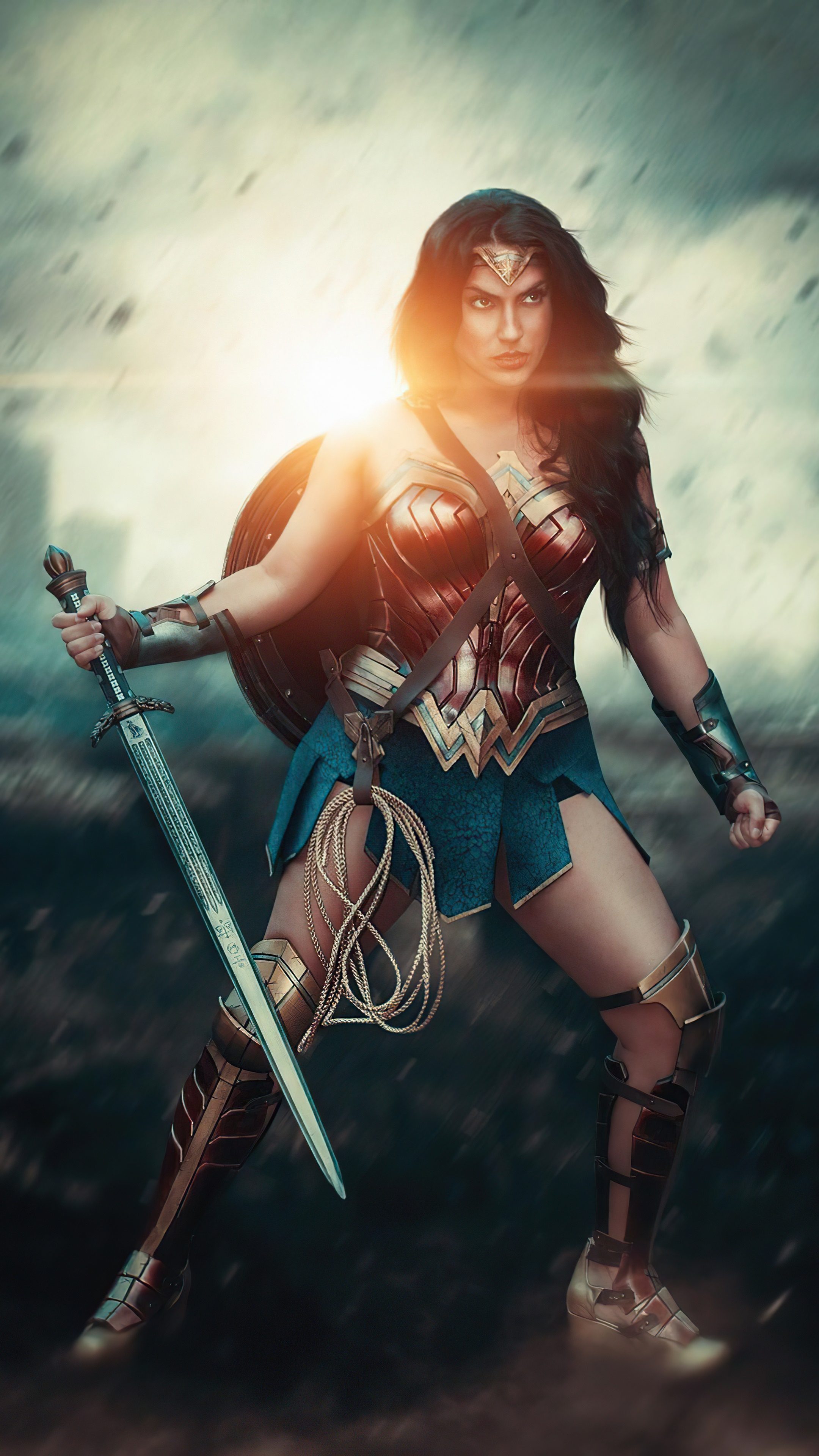 Wonder Woman Cosplay with Sword and Shield HD Phone Wallpaper