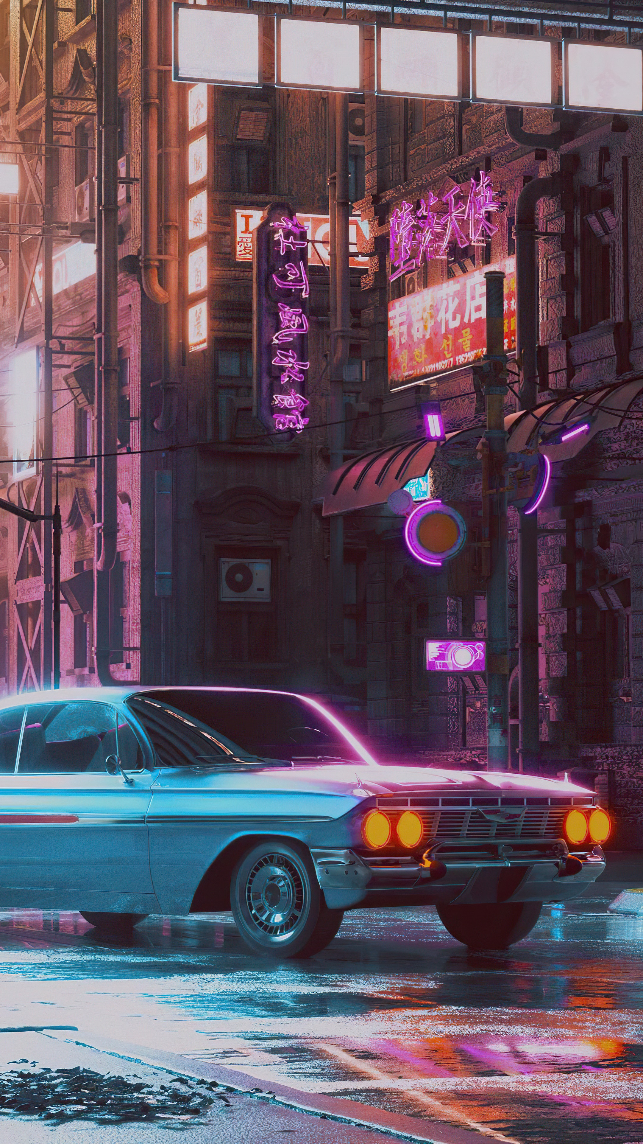 Retrowave artwork of a classic car in a neon city HD Phone Wallpaper