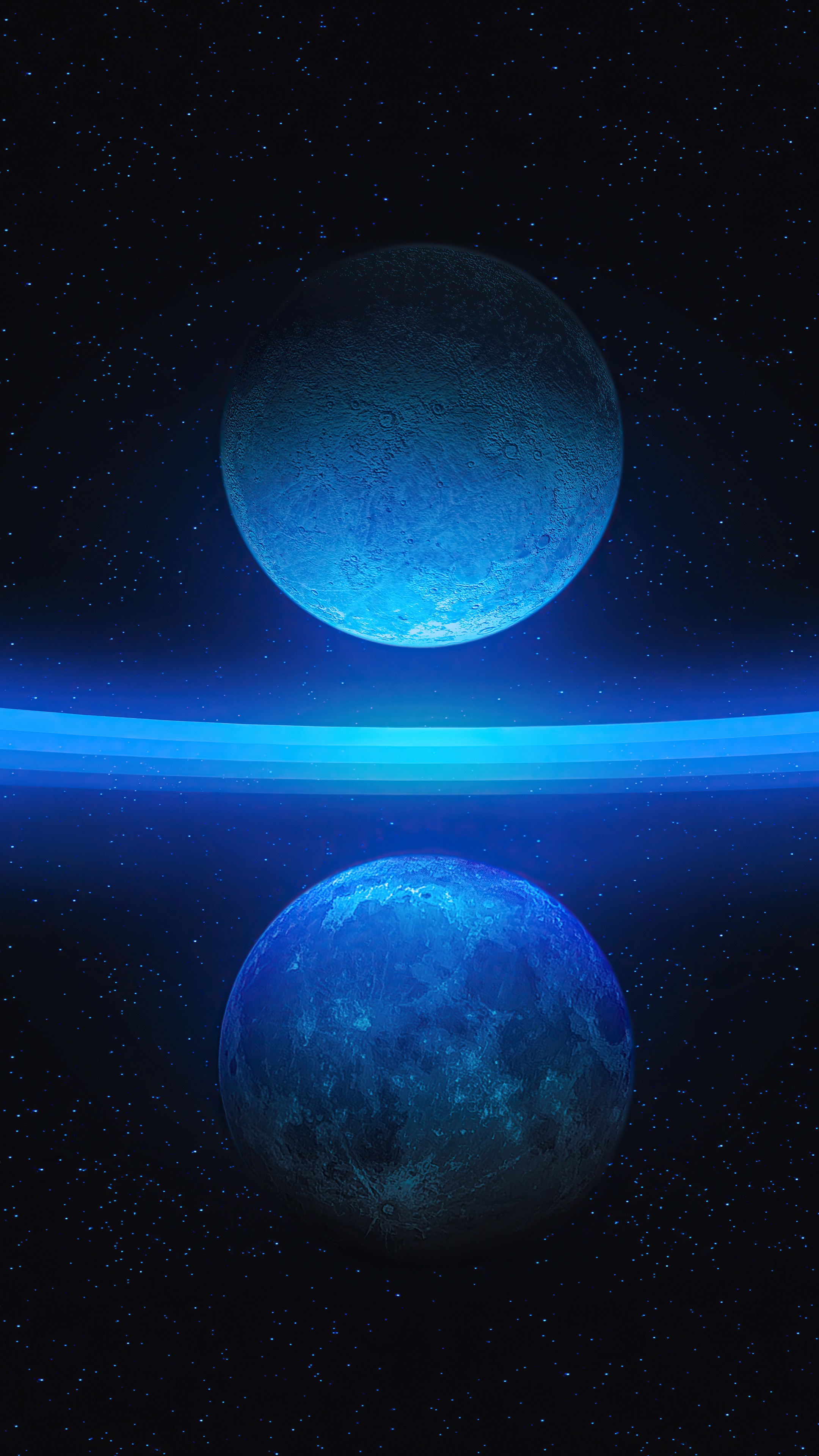 Two blue planets in space with a glowing ring HD Phone Wallpaper