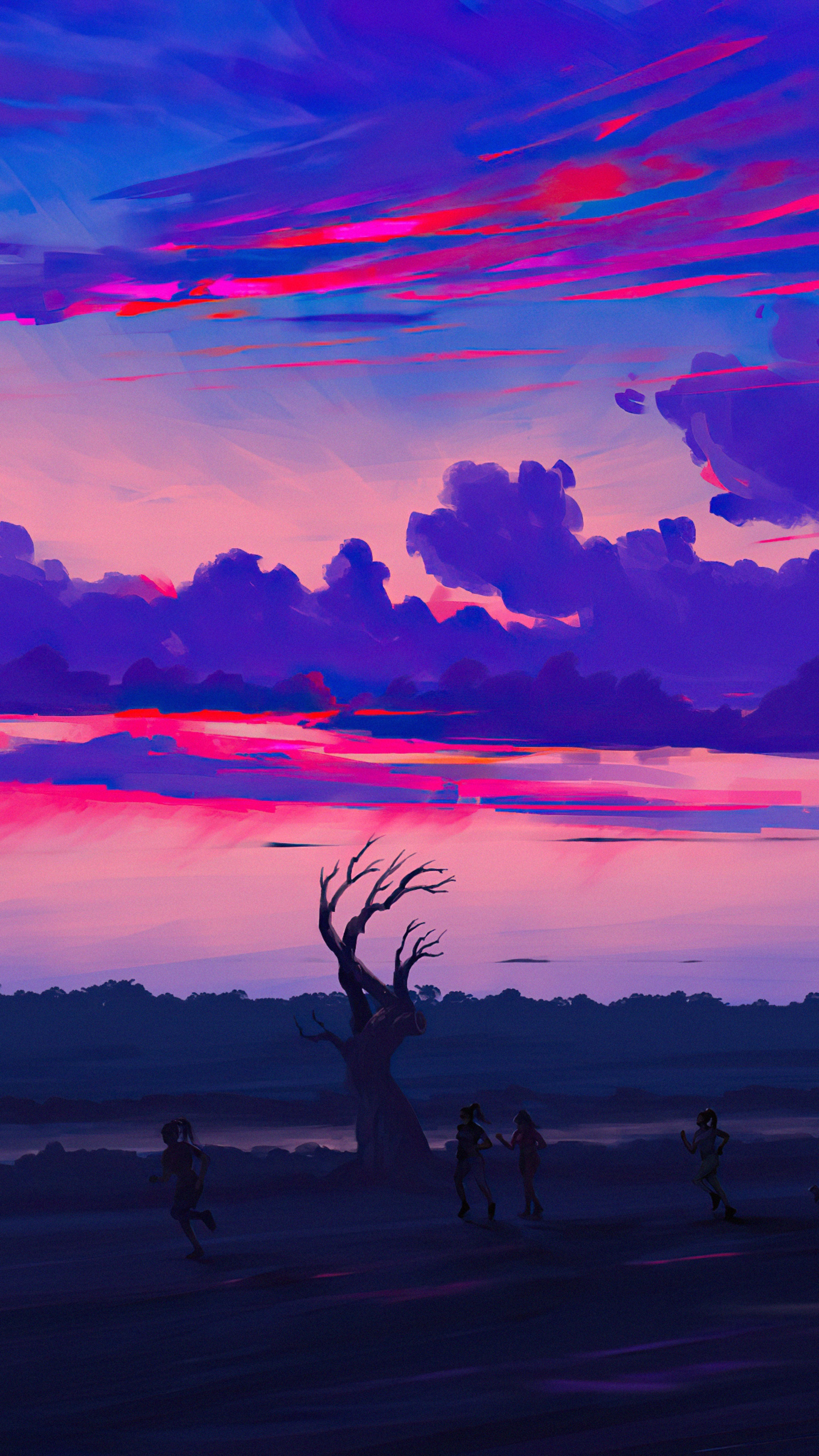 Digital art of a sunset with people and a tree HD Phone Wallpaper