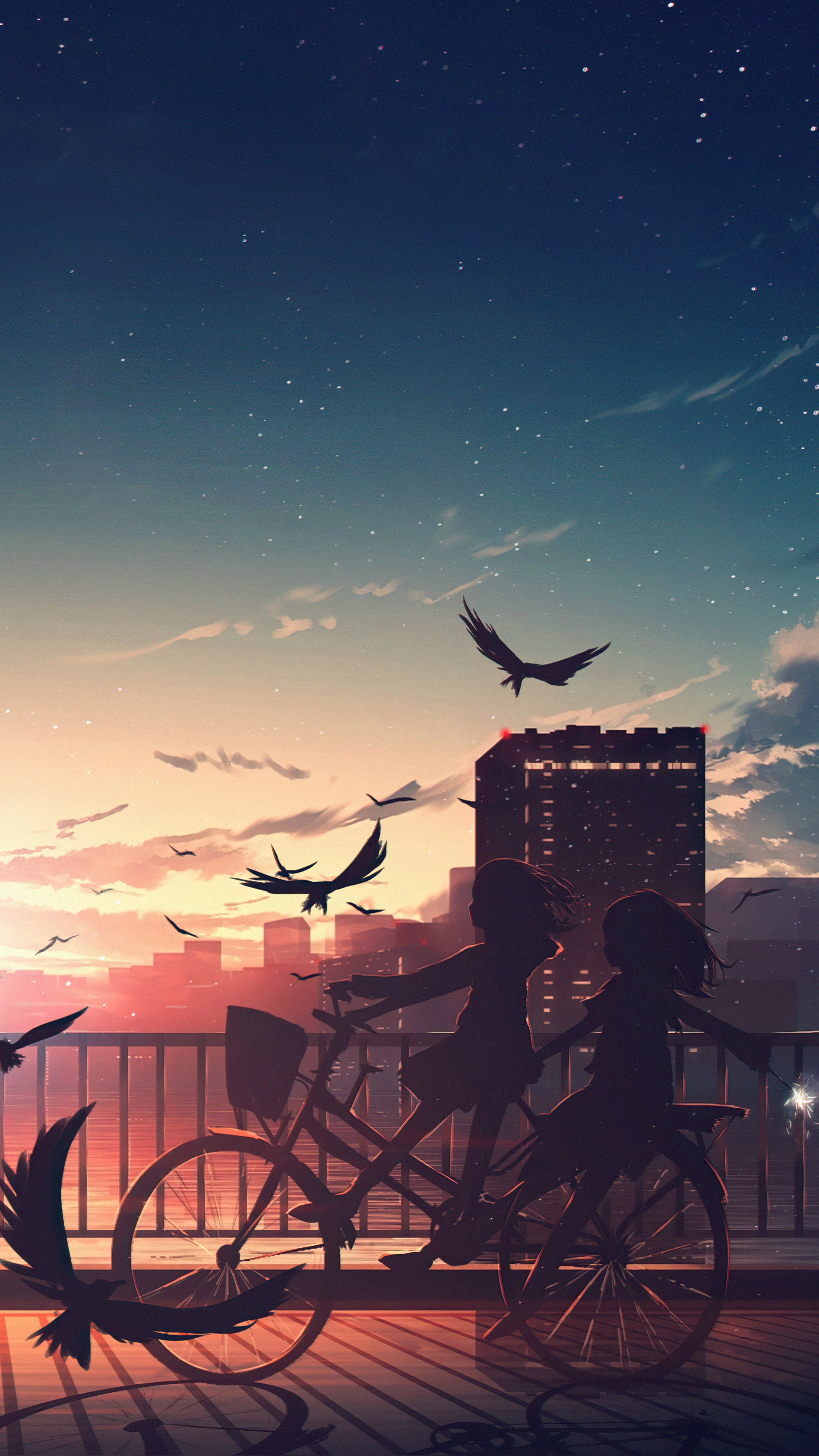 Anime artwork of two girls on a bicycle at sunset HD Phone Wallpaper