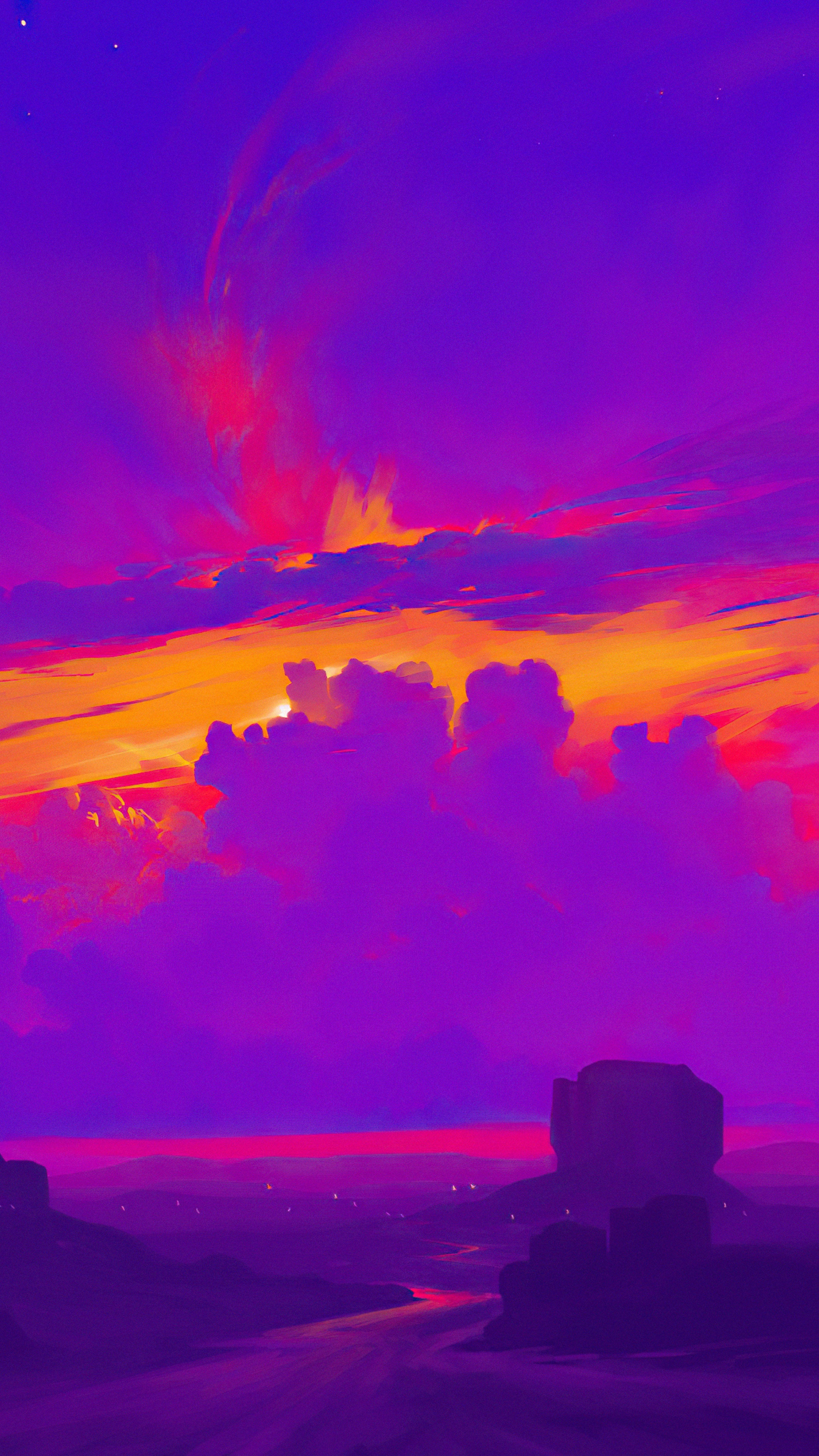 Digital art of a purple and orange twilight sky HD Phone Wallpaper
