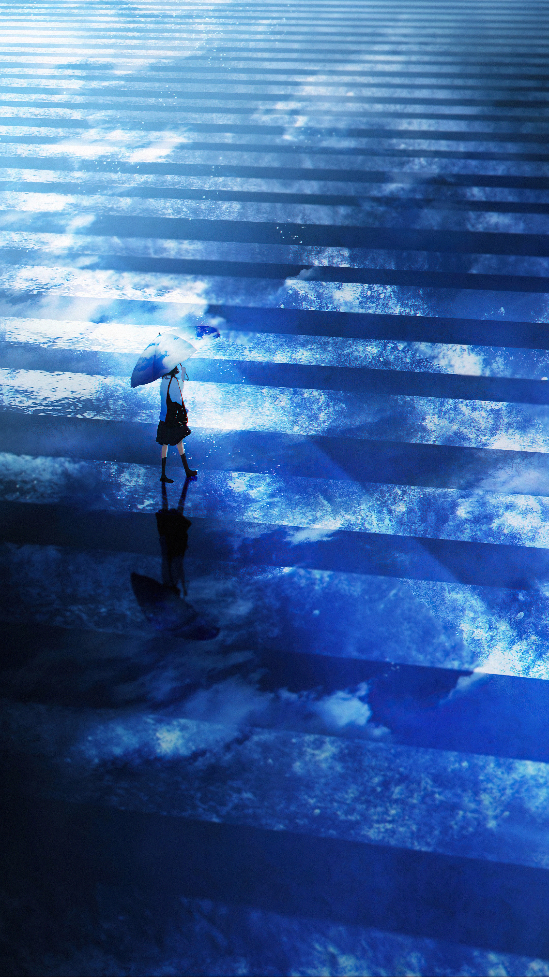Anime girl with umbrella on stairs HD Phone Wallpaper