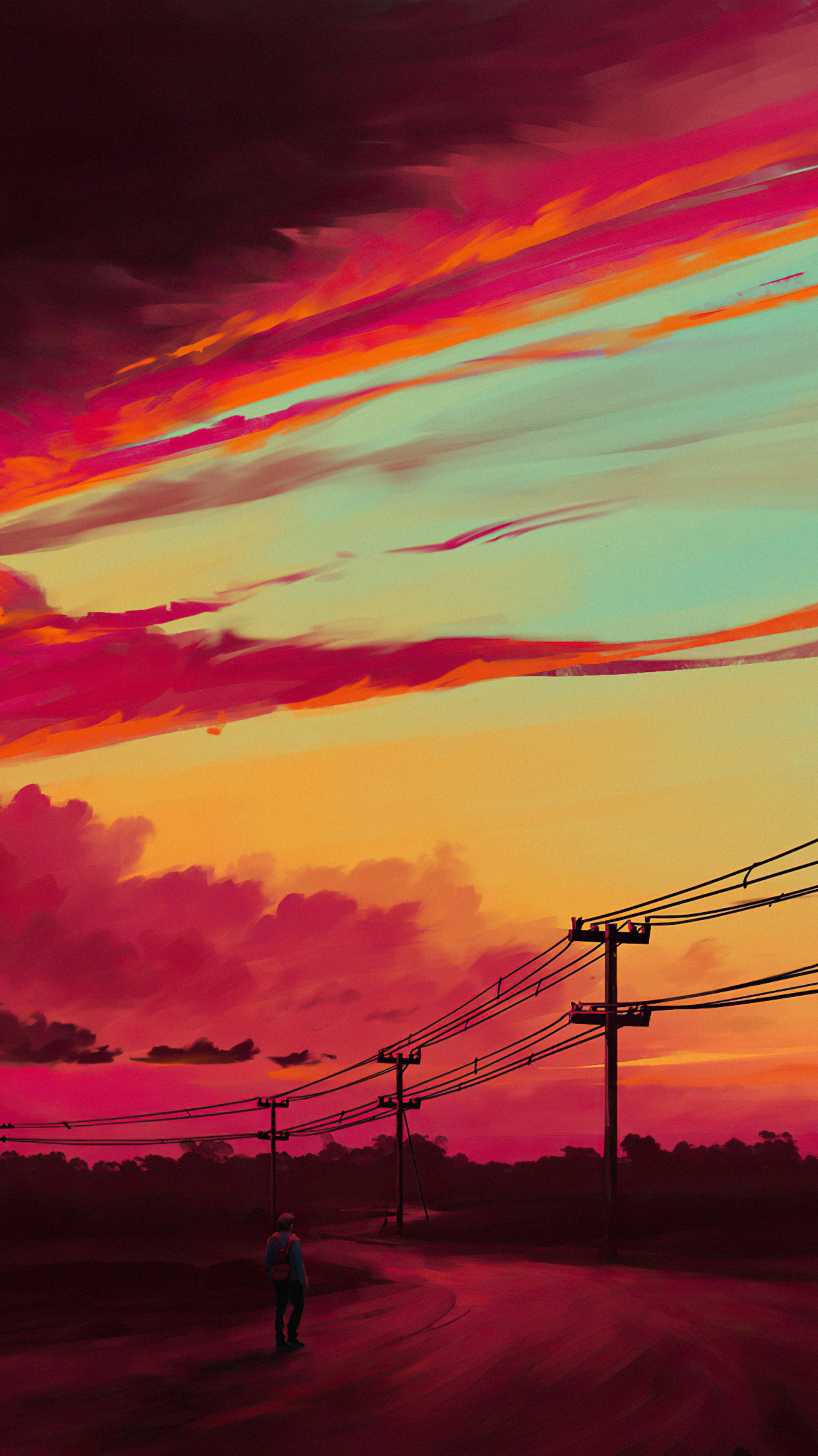 Artwork of a person walking on a road at sunset HD Phone Wallpaper