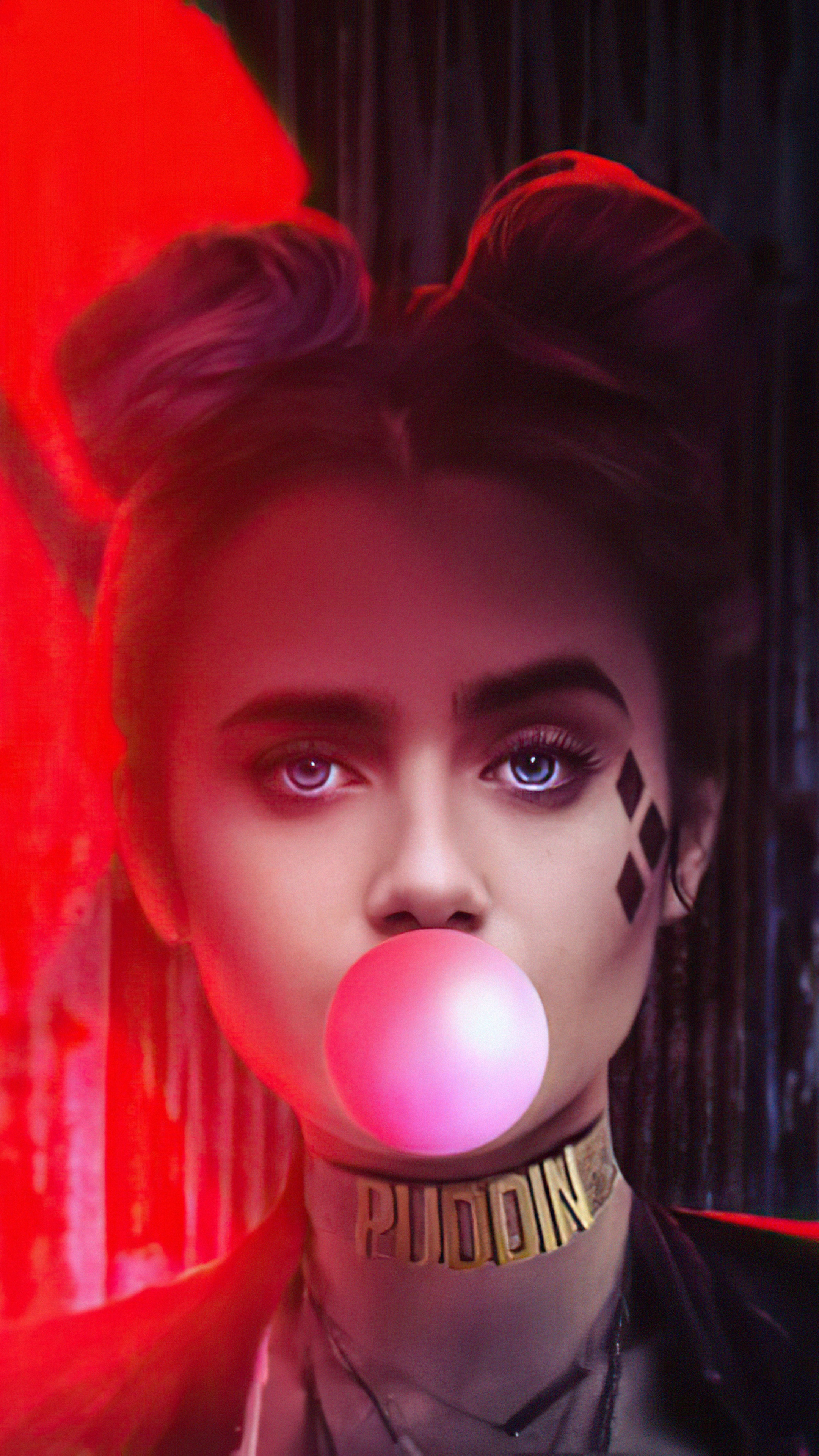 Harley Quinn from DC Comics blowing bubblegum HD Phone Wallpaper