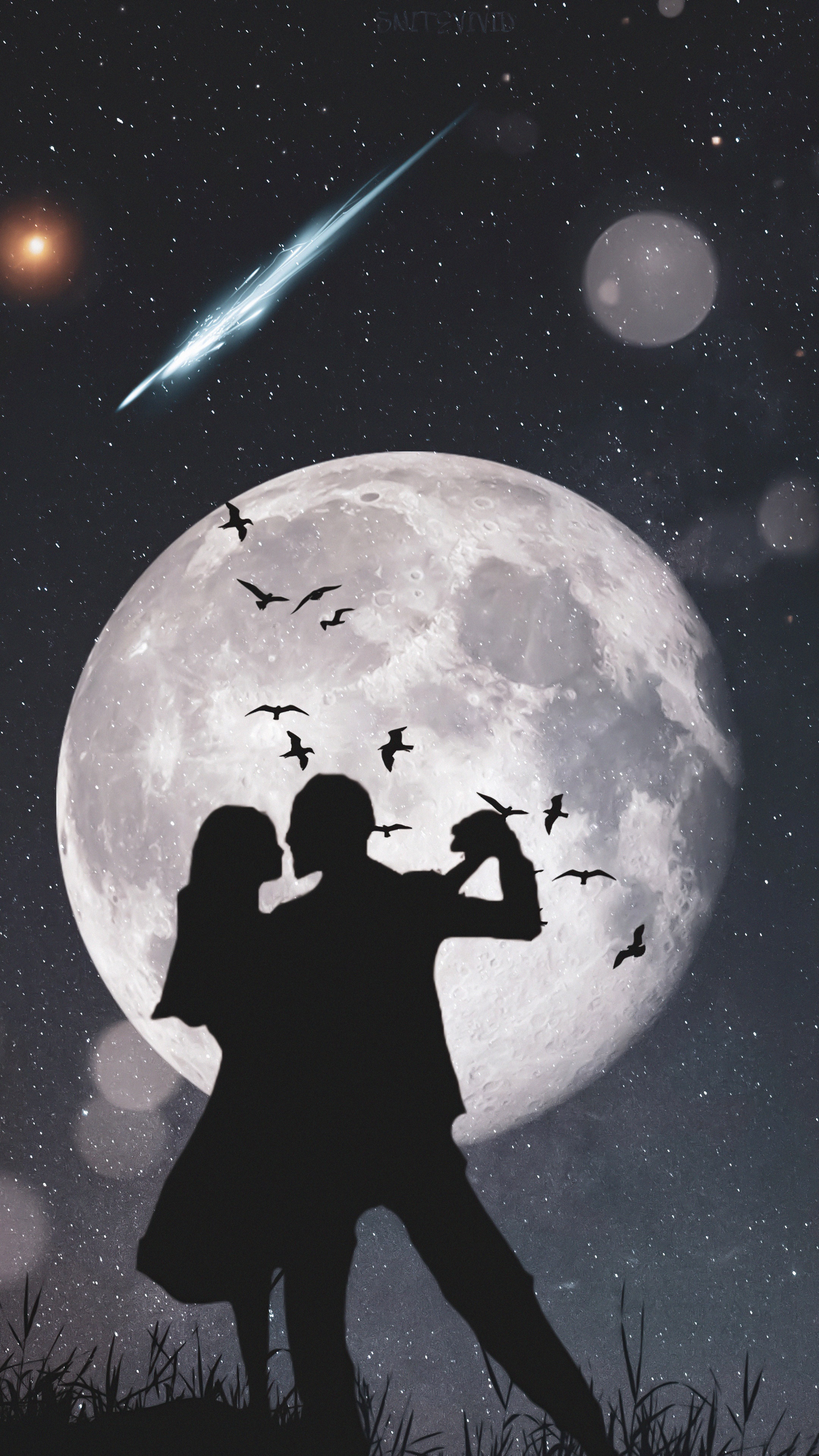 Couple dancing under the moon with a shooting star HD Phone Wallpaper