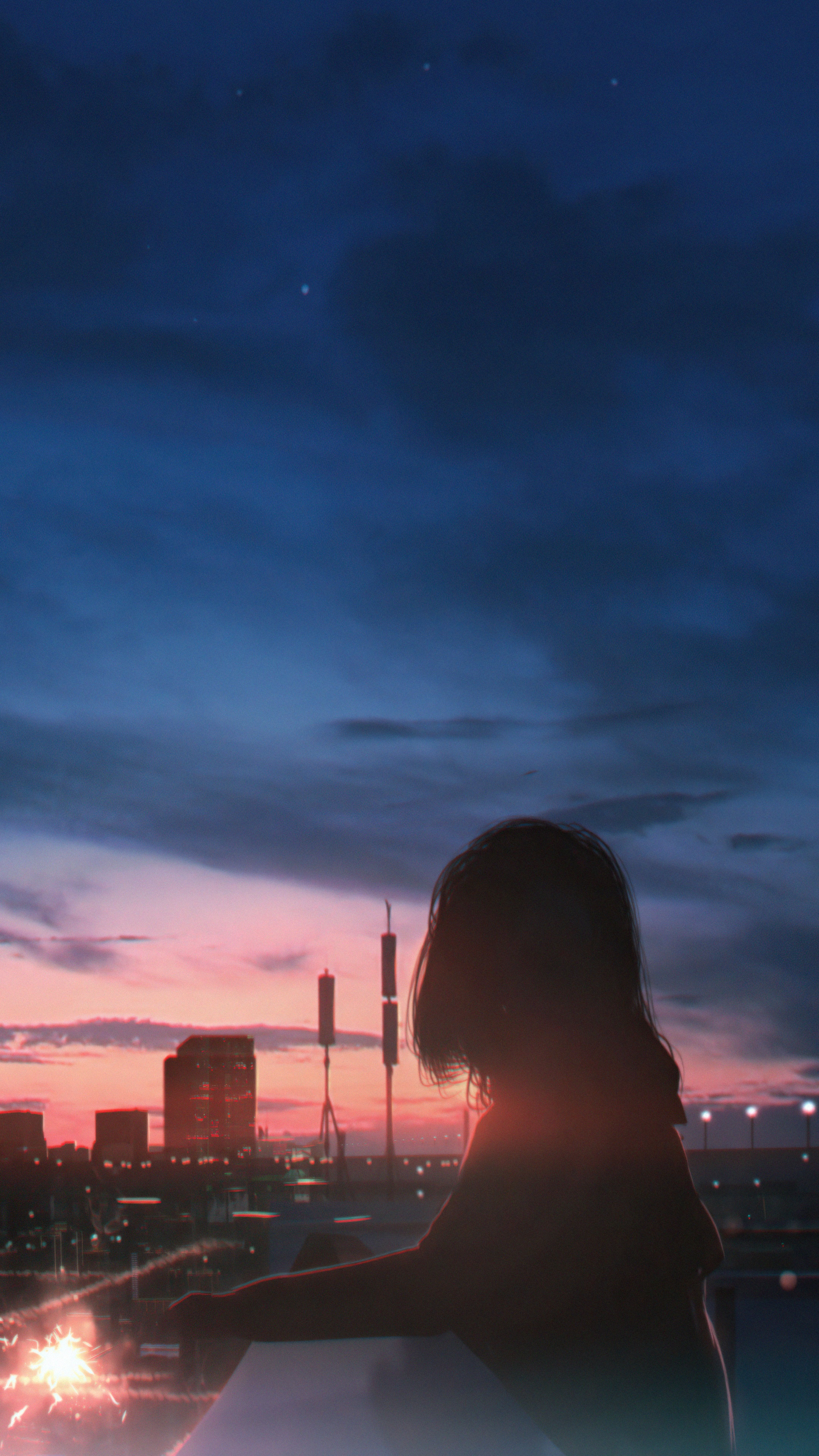 Anime girl watching fireworks at sunset HD Phone Wallpaper