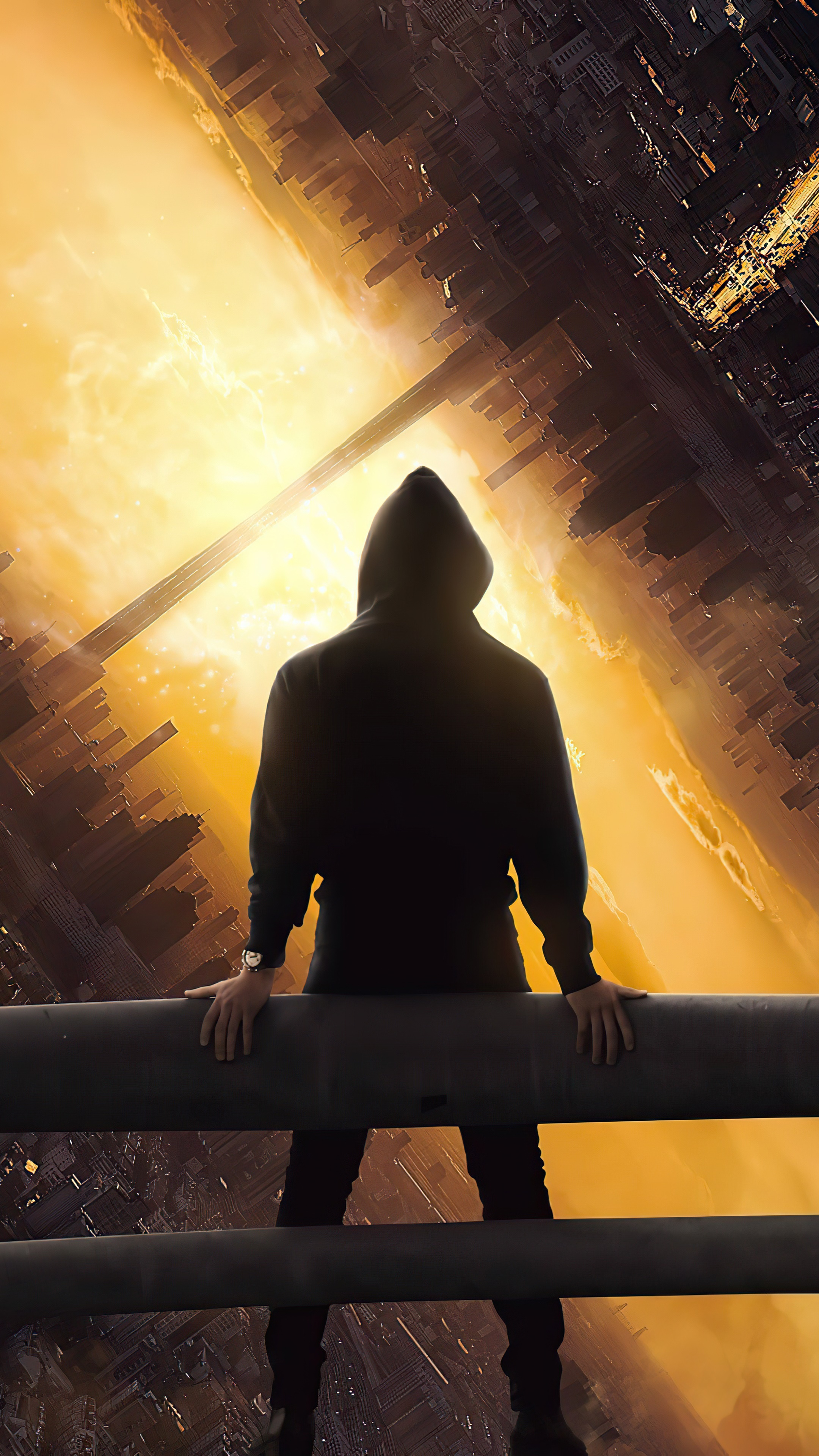 Person in hoodie on edge of city HD Phone Wallpaper
