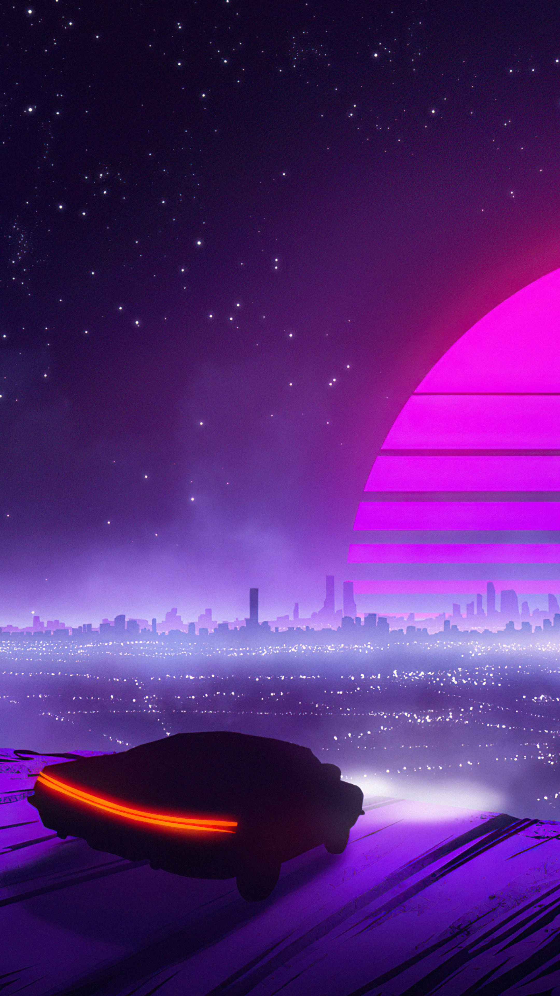 Synthwave car driving towards a neon city skyline HD Phone Wallpaper