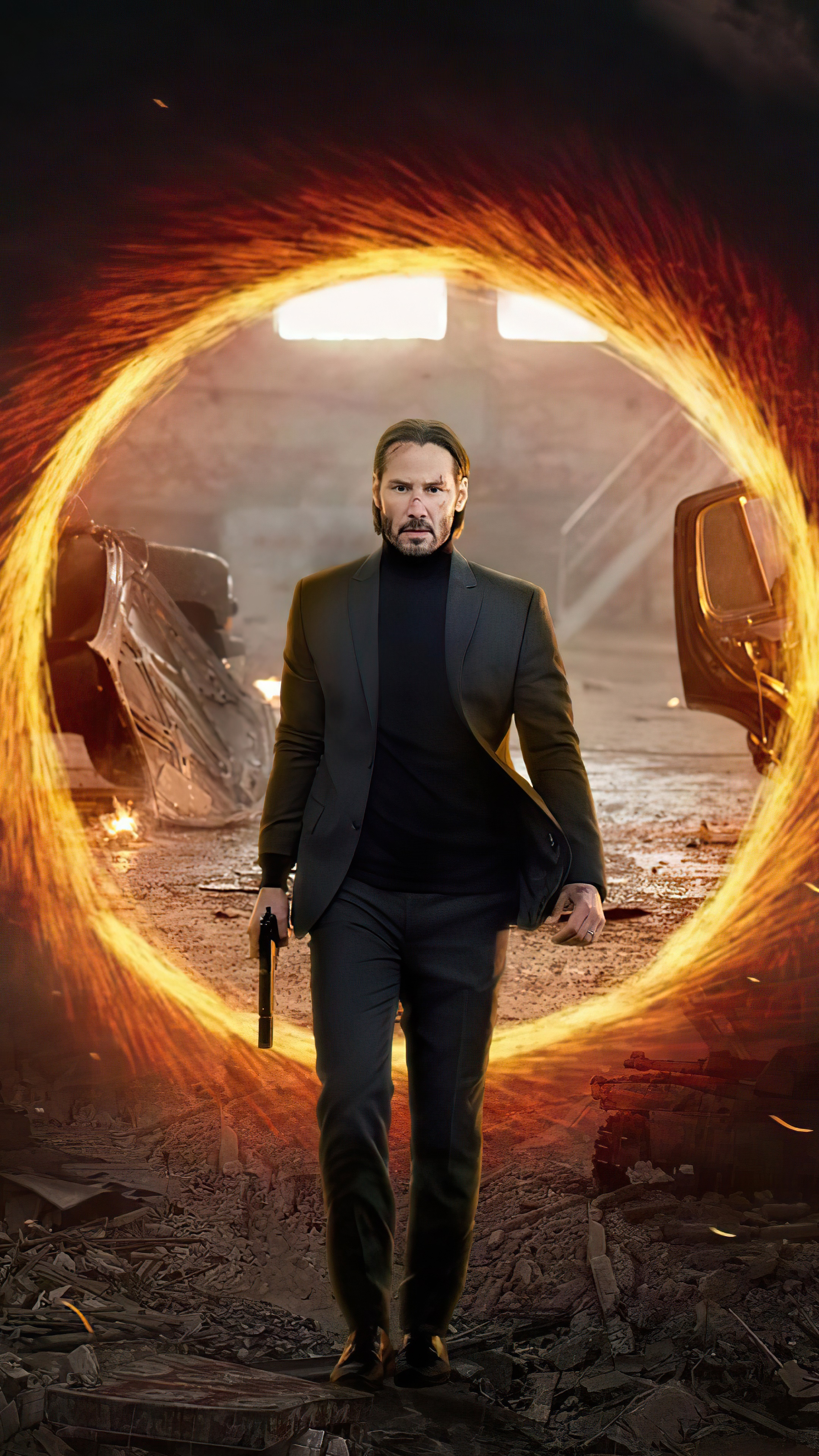 John Wick in a fiery portal HD Phone Wallpaper