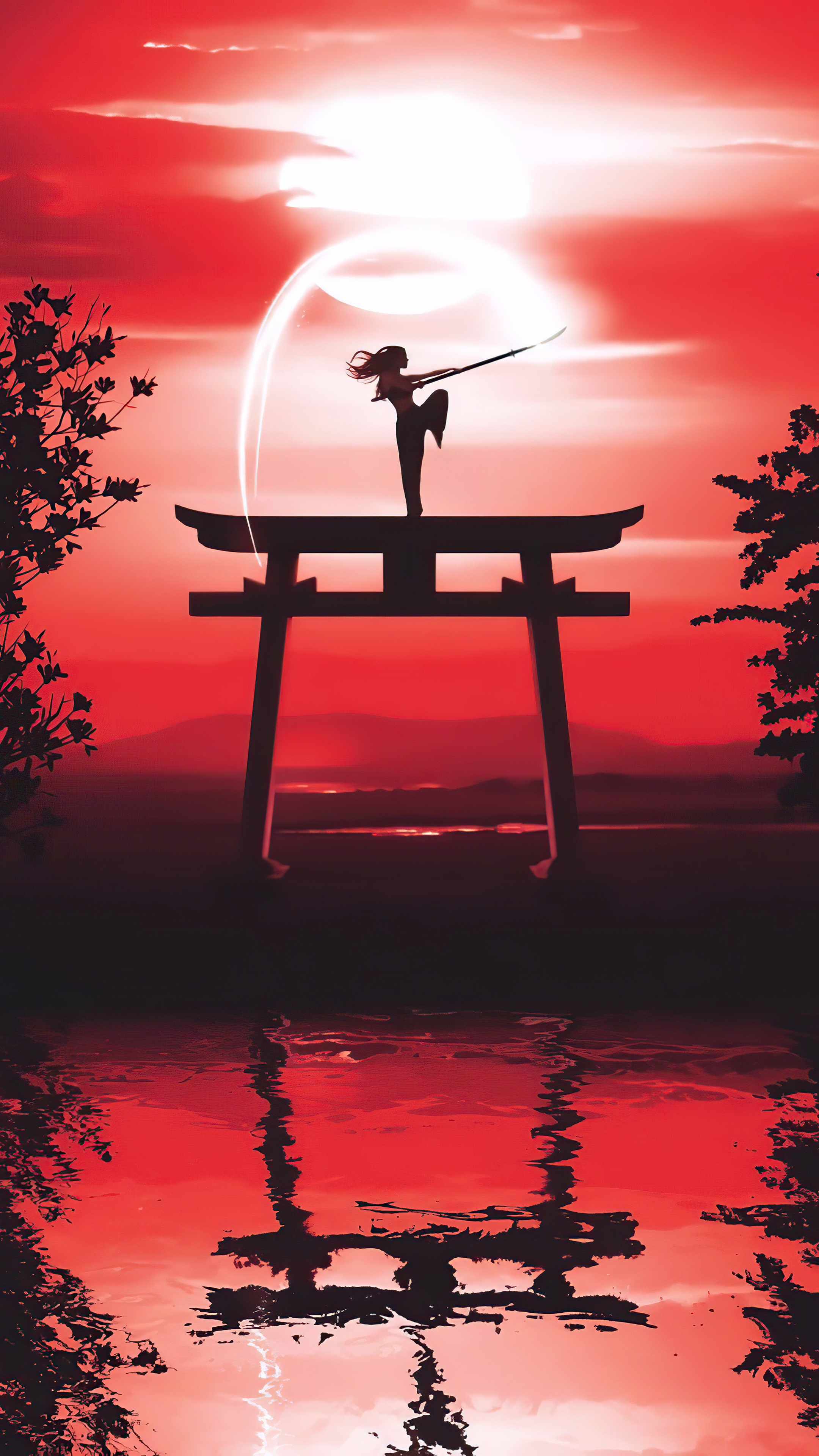 Silhouette warrior with sword on torii gate at sunset HD Phone Wallpaper
