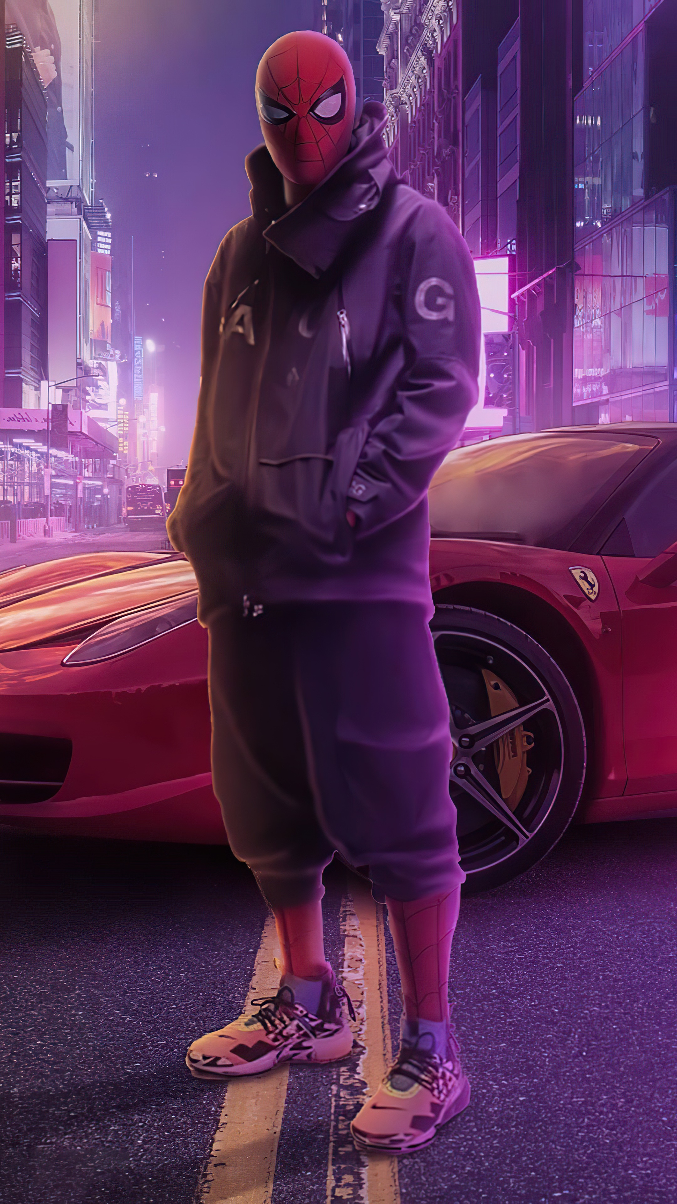 Spiderman in a modern city at night HD Phone Wallpaper