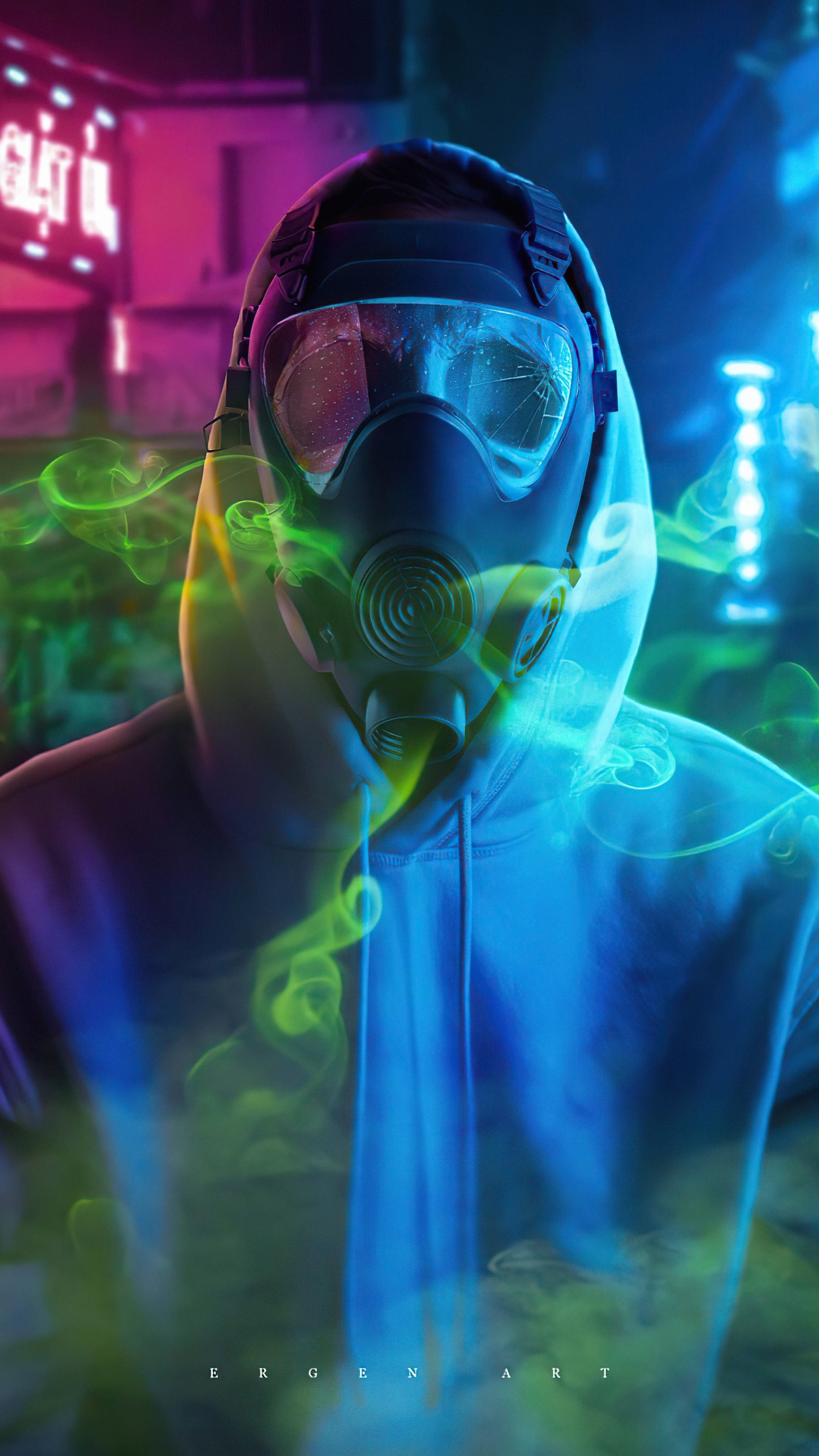 Person in gas mask with neon lights and smoke HD Phone Wallpaper