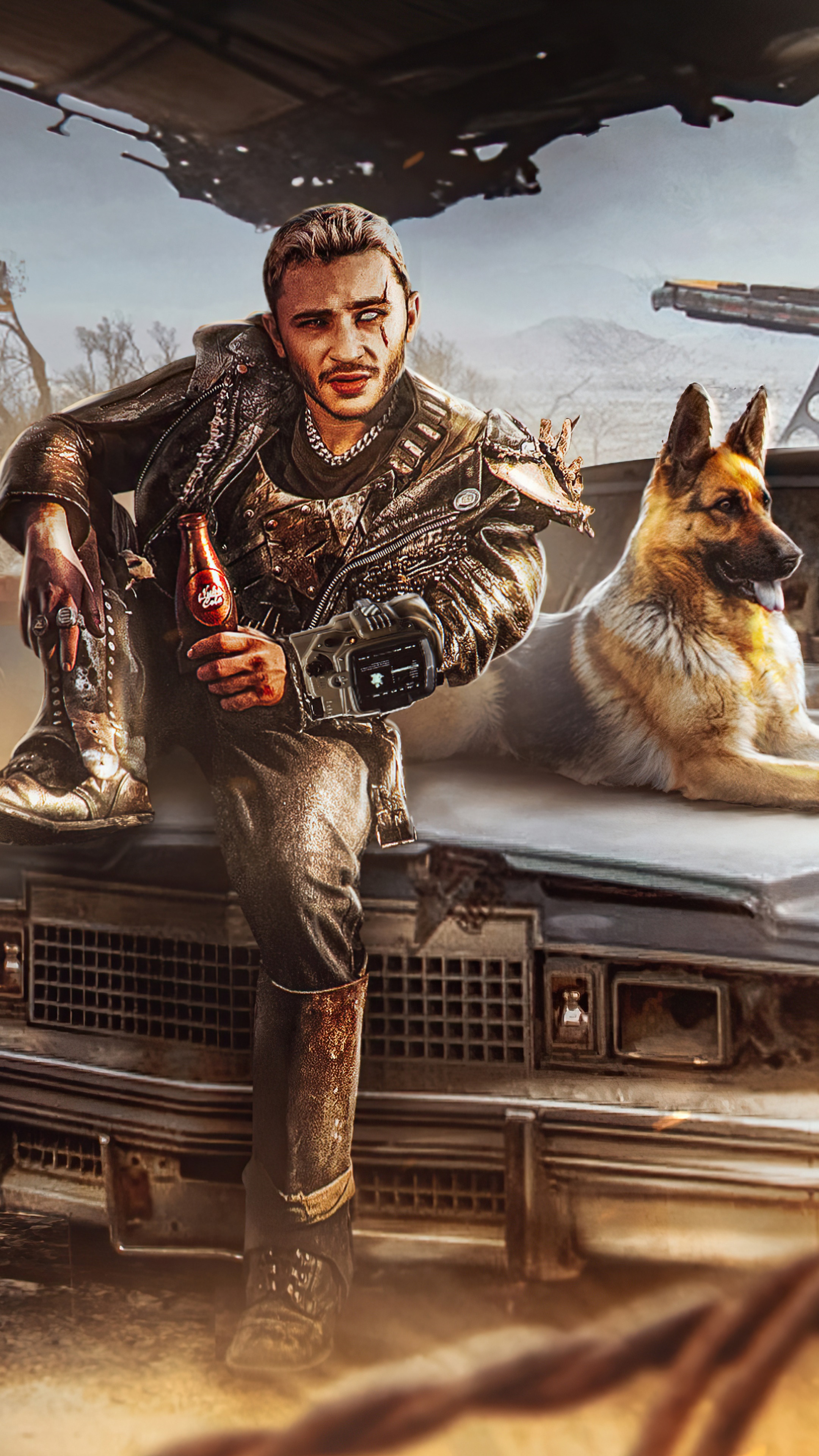Man with dog in post-apocalyptic setting HD Phone Wallpaper