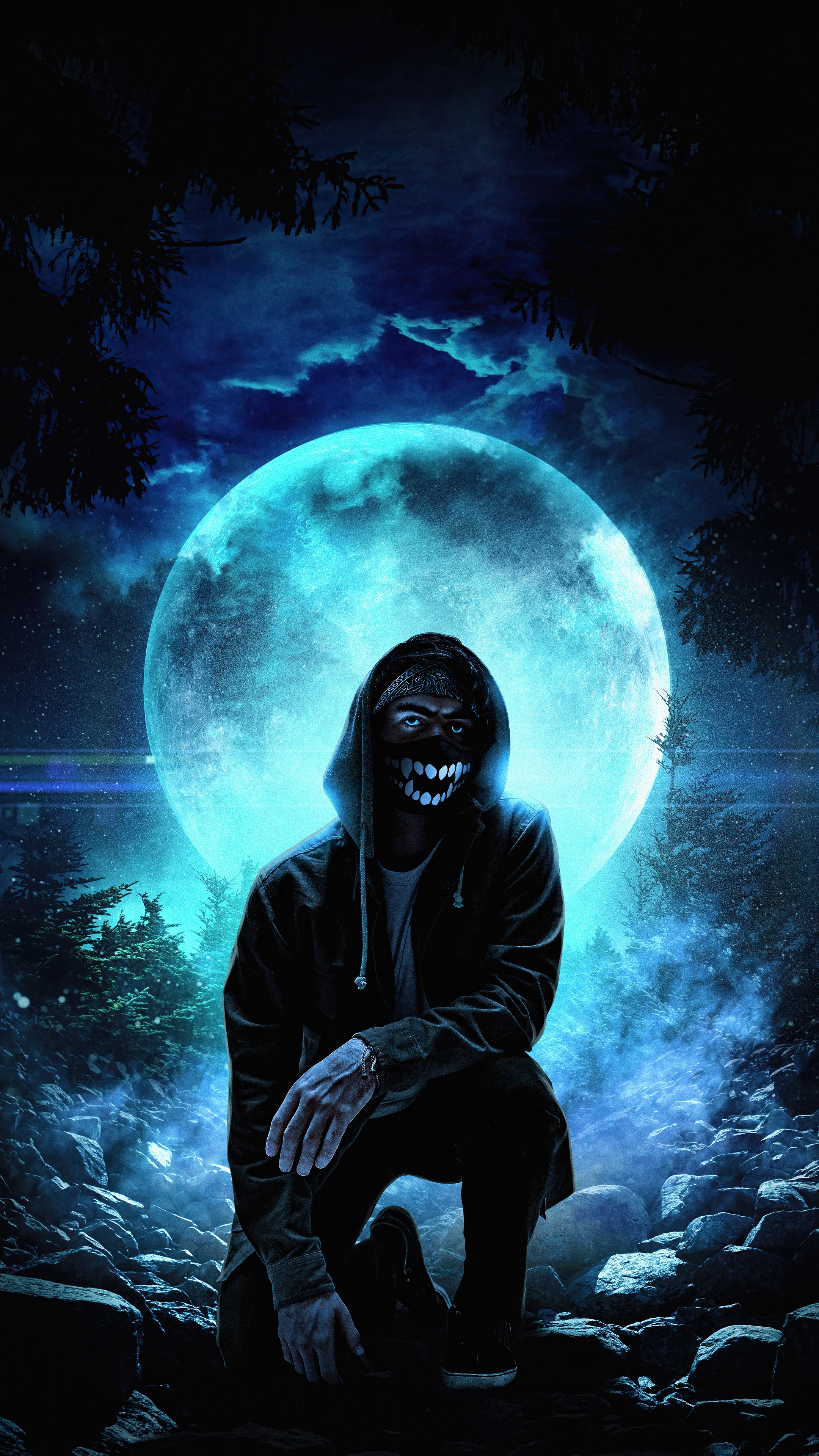 Boy in hoodie with mask in front of moon HD Phone Wallpaper