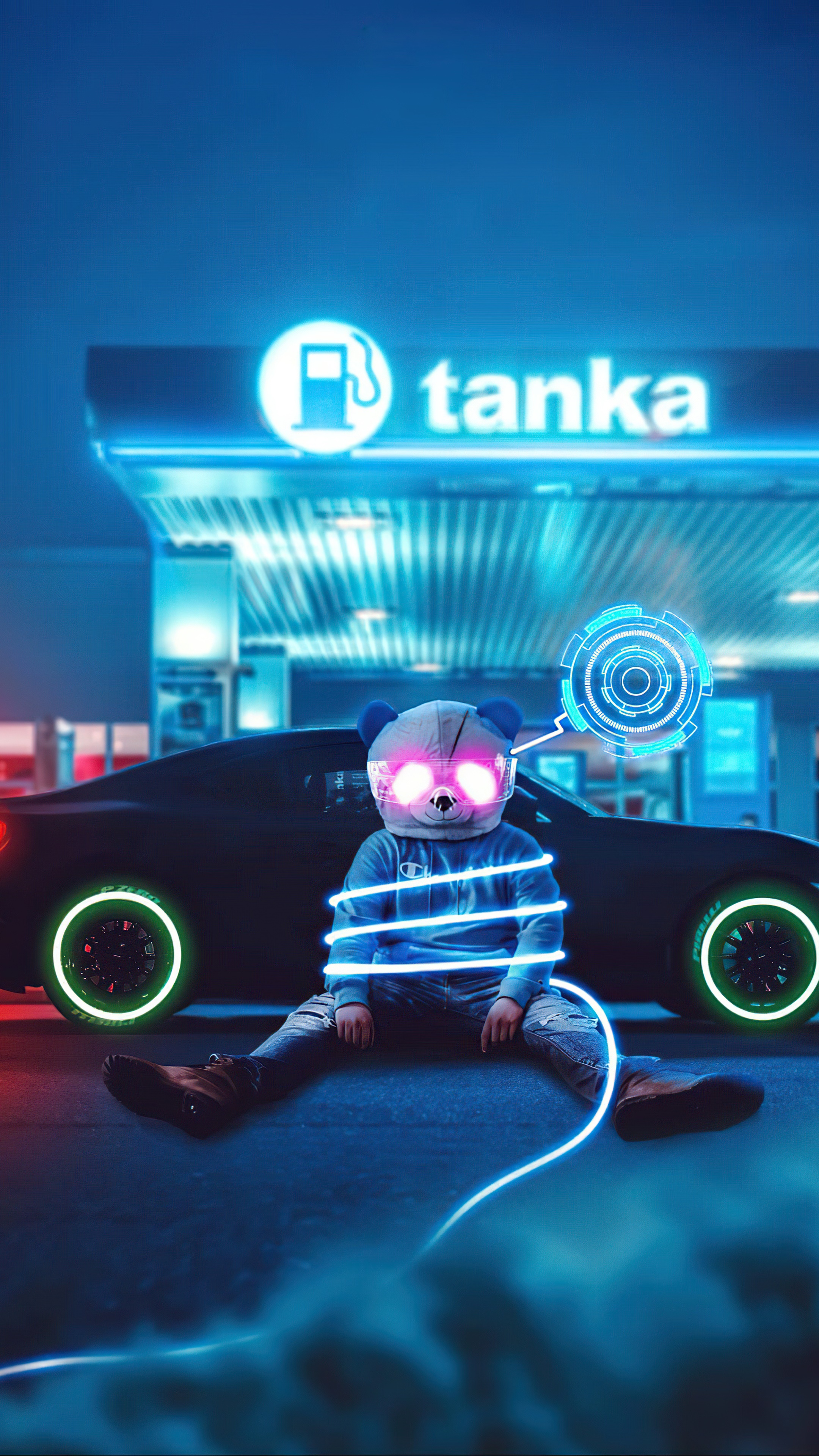 Panda character with neon lights at Tanka gas station HD Phone Wallpaper
