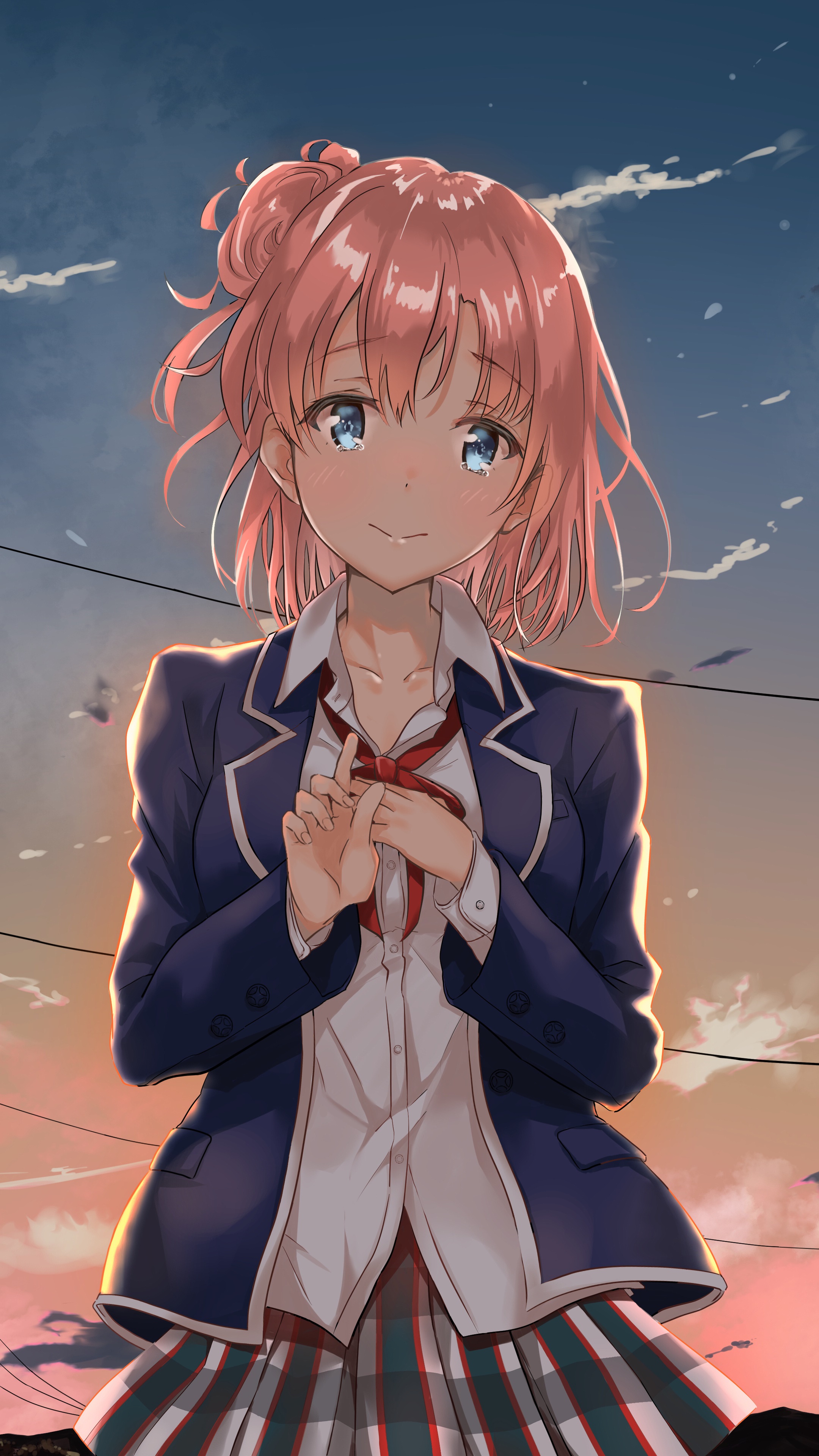 Anime girl in school uniform with pink hair HD Phone Wallpaper
