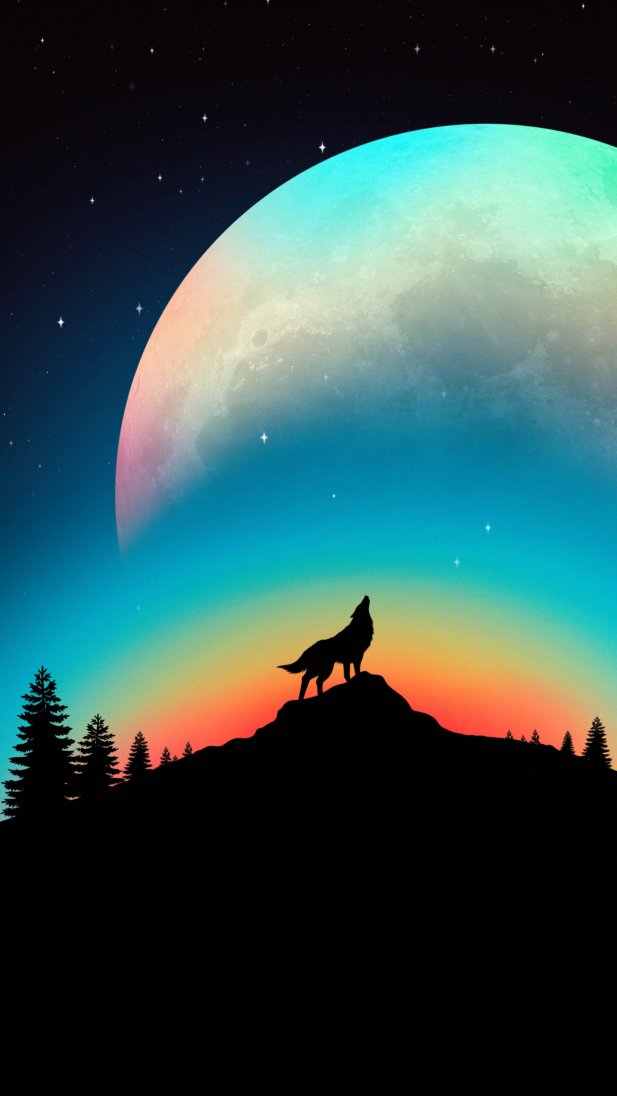 Minimalist wolf howling at a colorful moon HD Phone Wallpaper