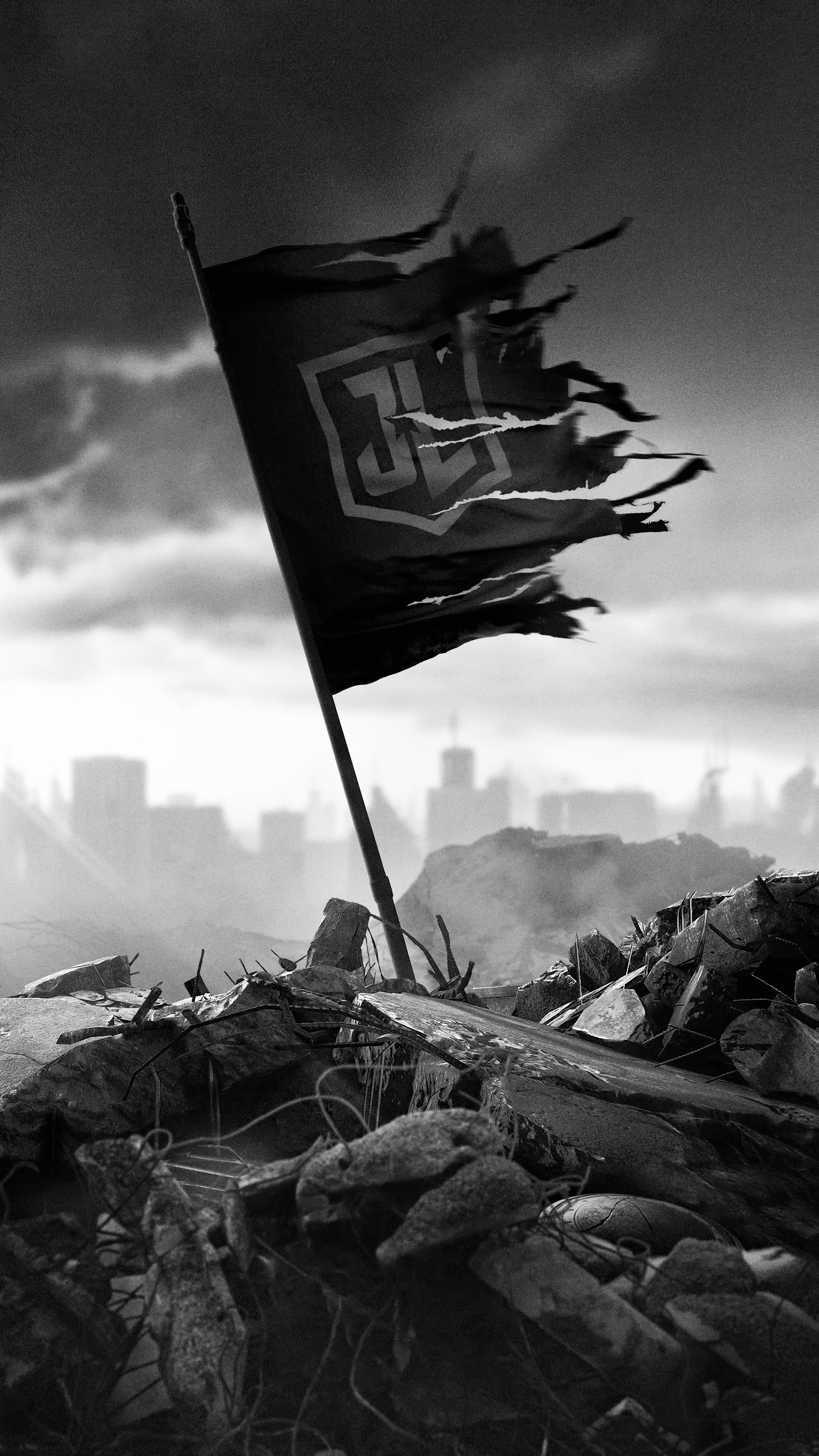 Tattered Justice League flag in ruins HD Phone Wallpaper