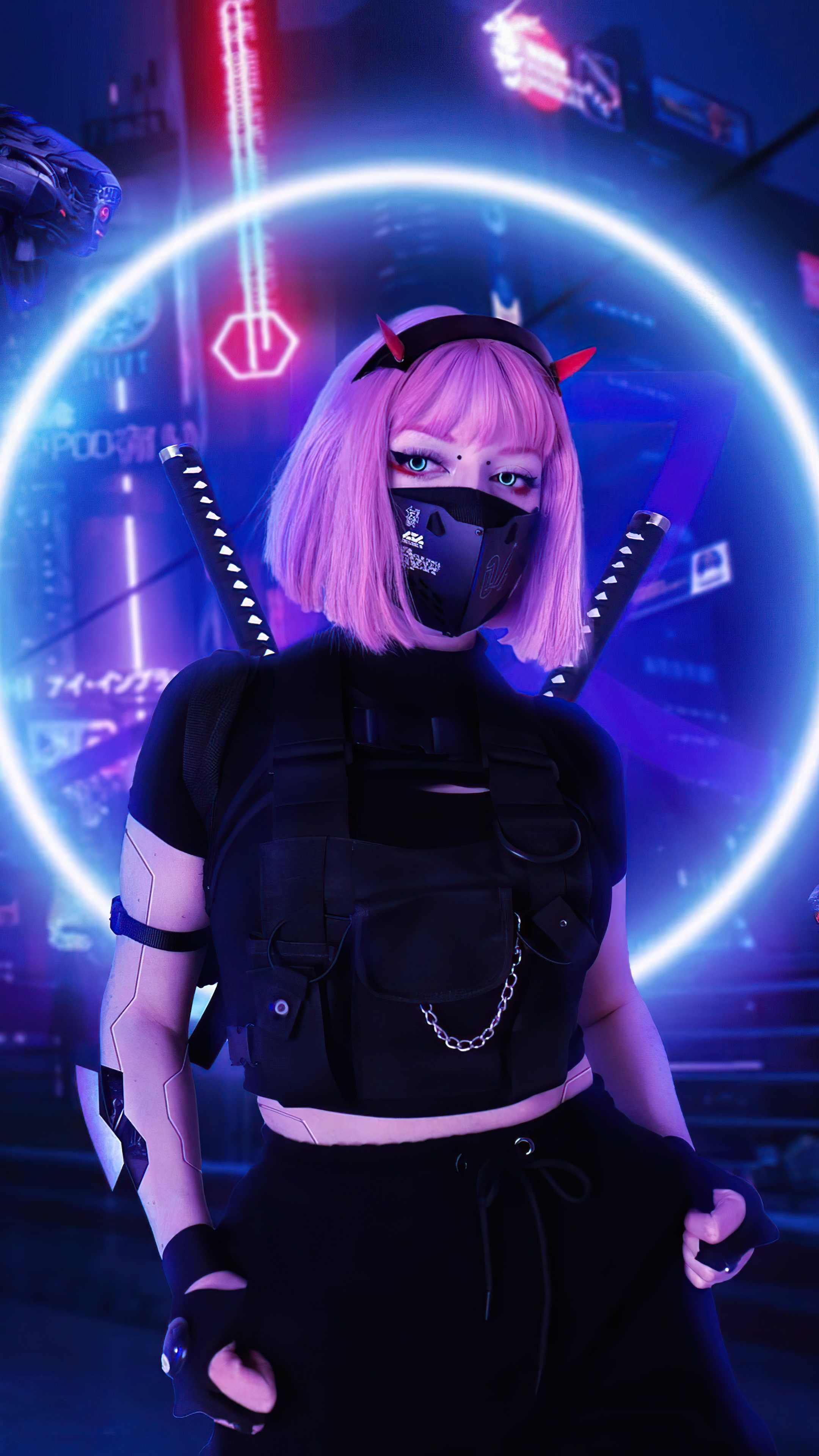 Cyberpunk girl with pink hair and swords HD Phone Wallpaper