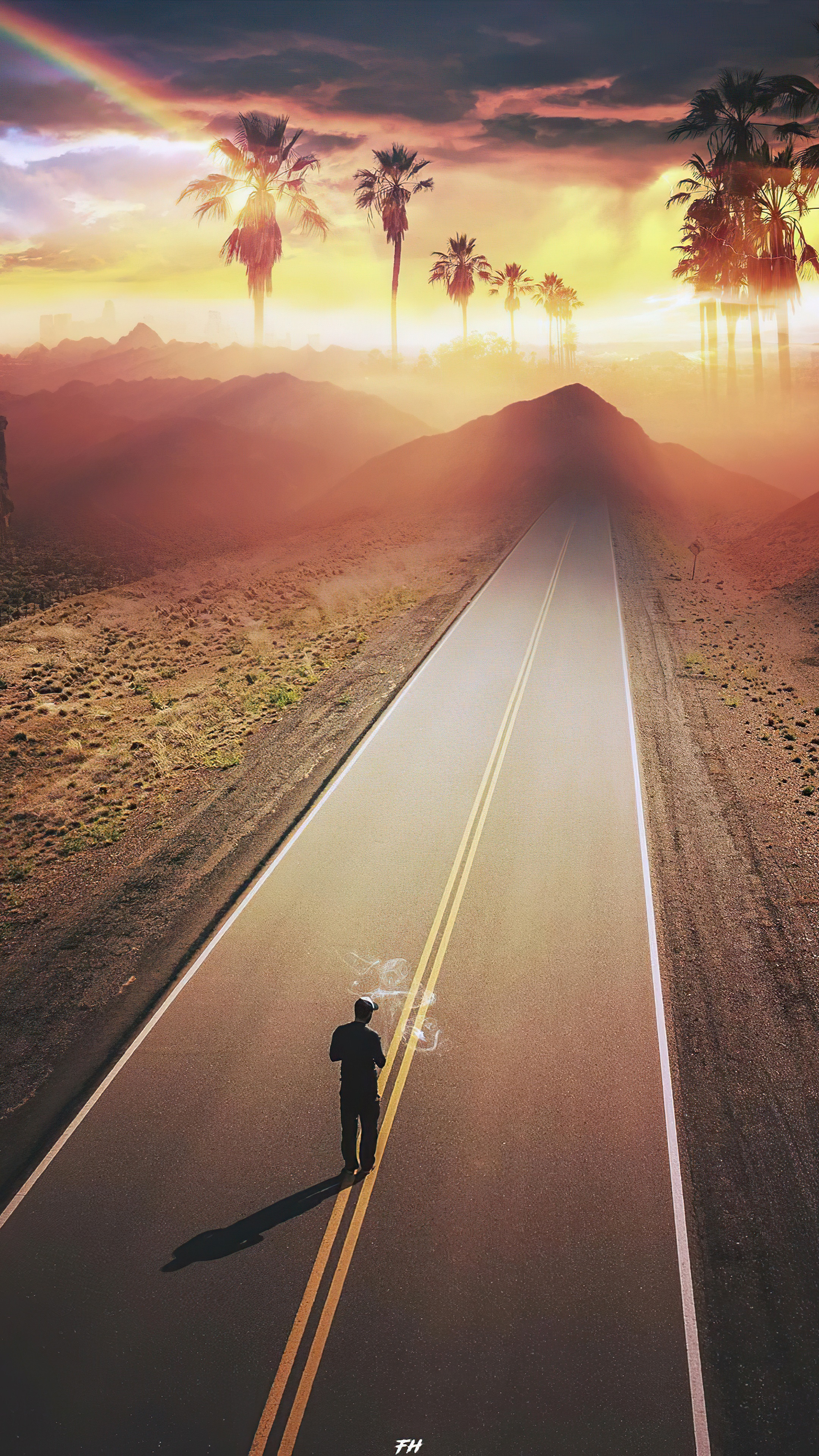 Man walking on a road with palm trees and rainbow HD Phone Wallpaper
