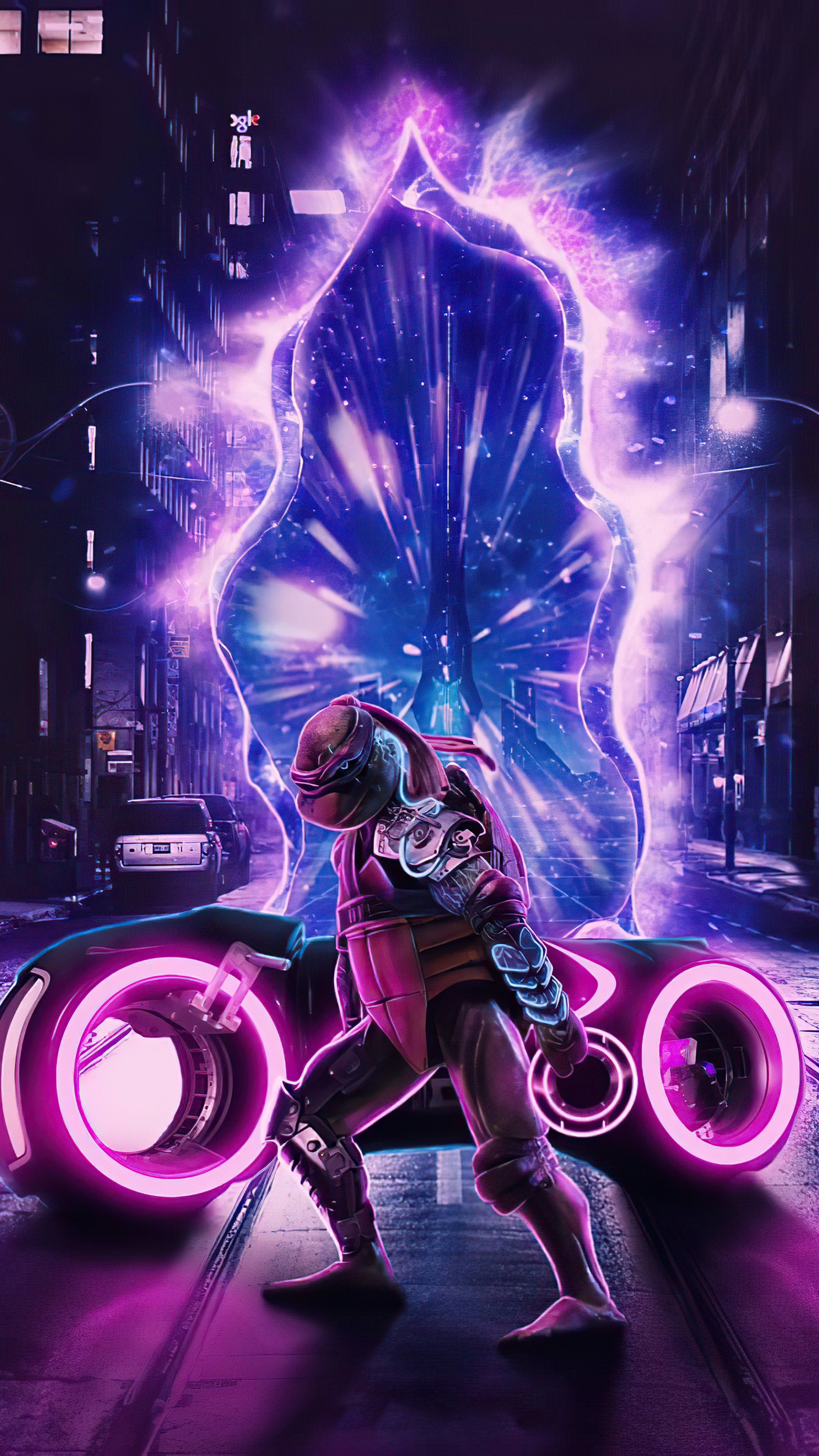 Teenage Mutant Ninja Turtle in Tron-like City with Portal HD Phone Wallpaper