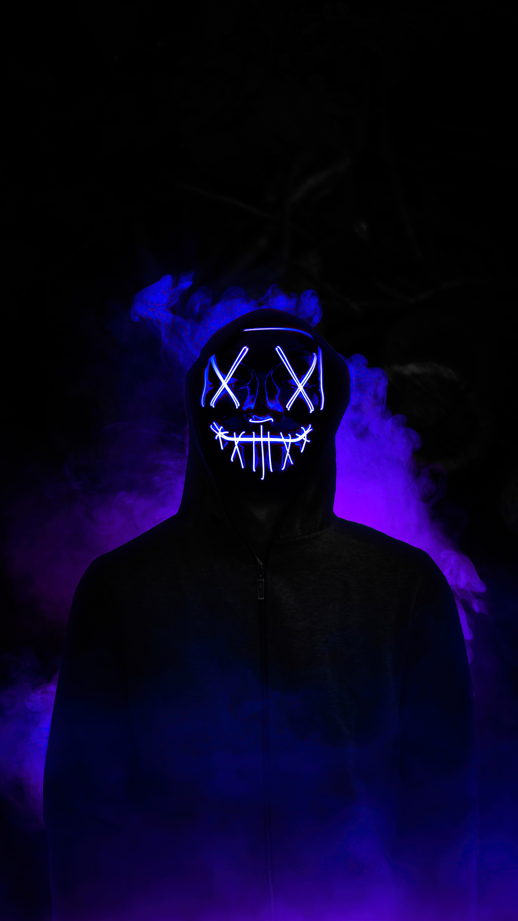 Person wearing a neon mask in smoke HD Phone Wallpaper