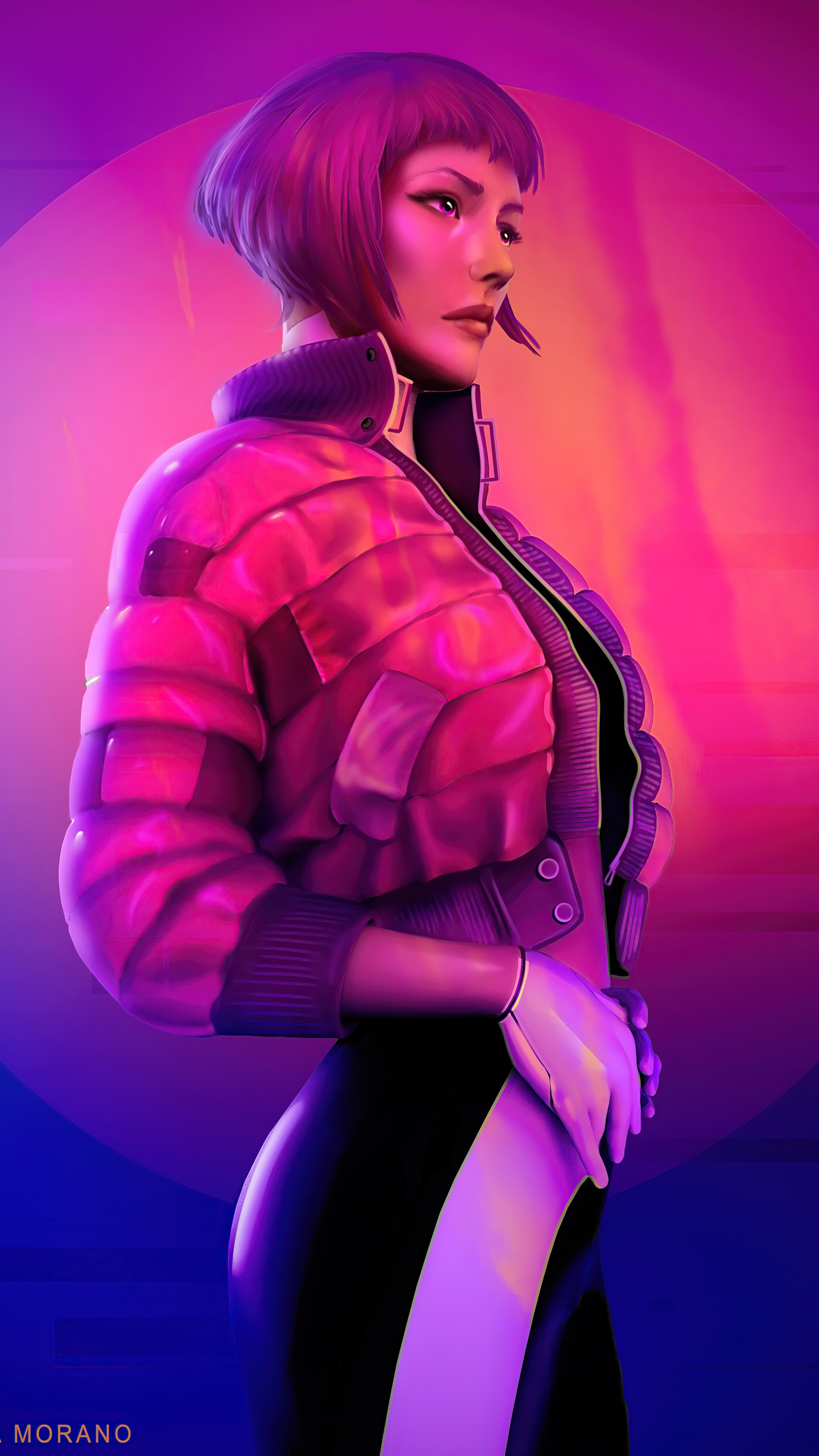 Cyberpunk woman in pink jacket HD Phone Wallpaper