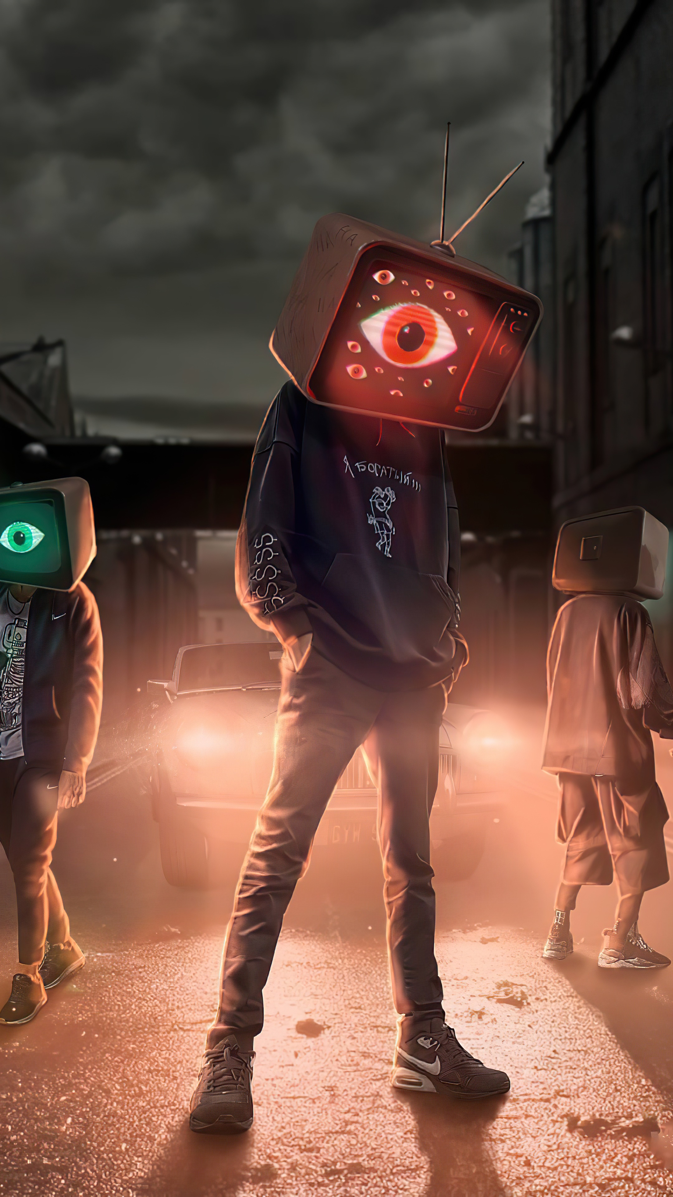 Artwork with television heads HD Phone Wallpaper