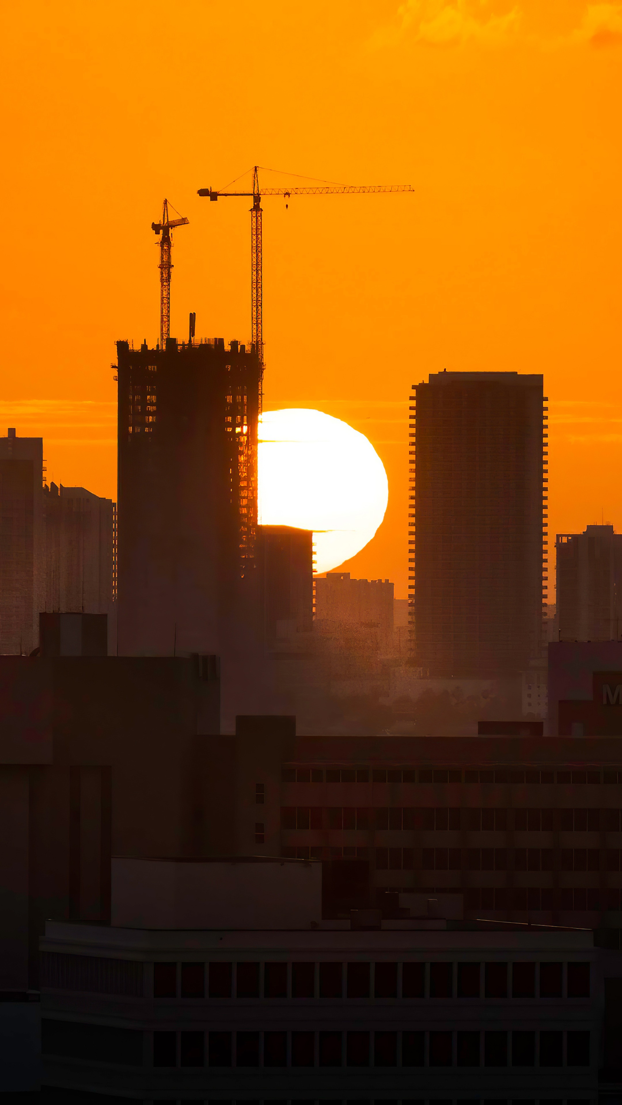 City skyline at sunset with construction cranes HD Phone Wallpaper