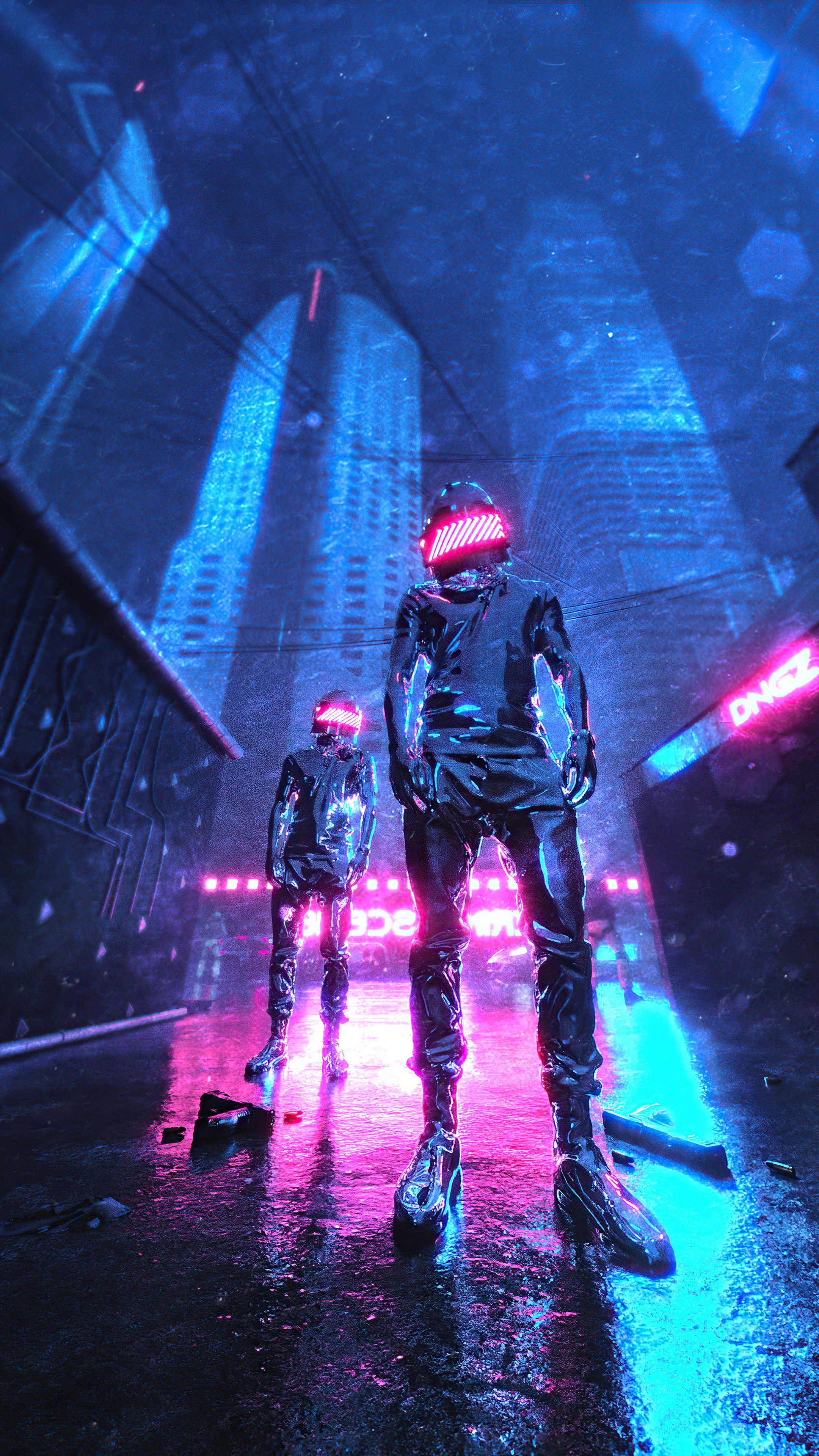 Two figures in sci-fi suits in a neon city HD Phone Wallpaper
