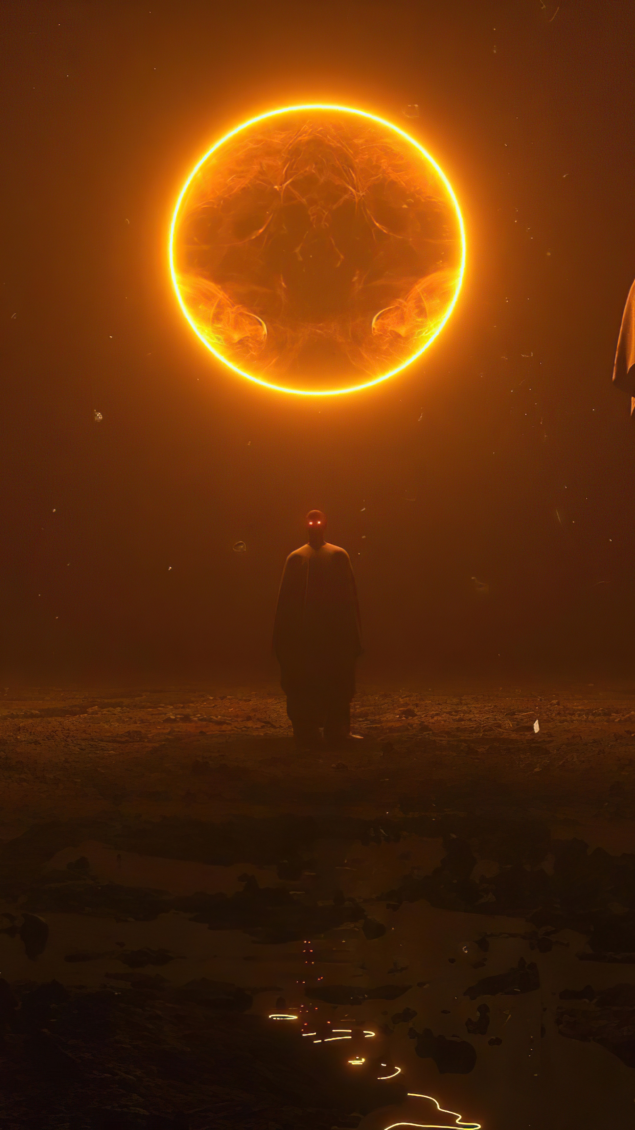 Figure in a cloak before a glowing sun HD Phone Wallpaper