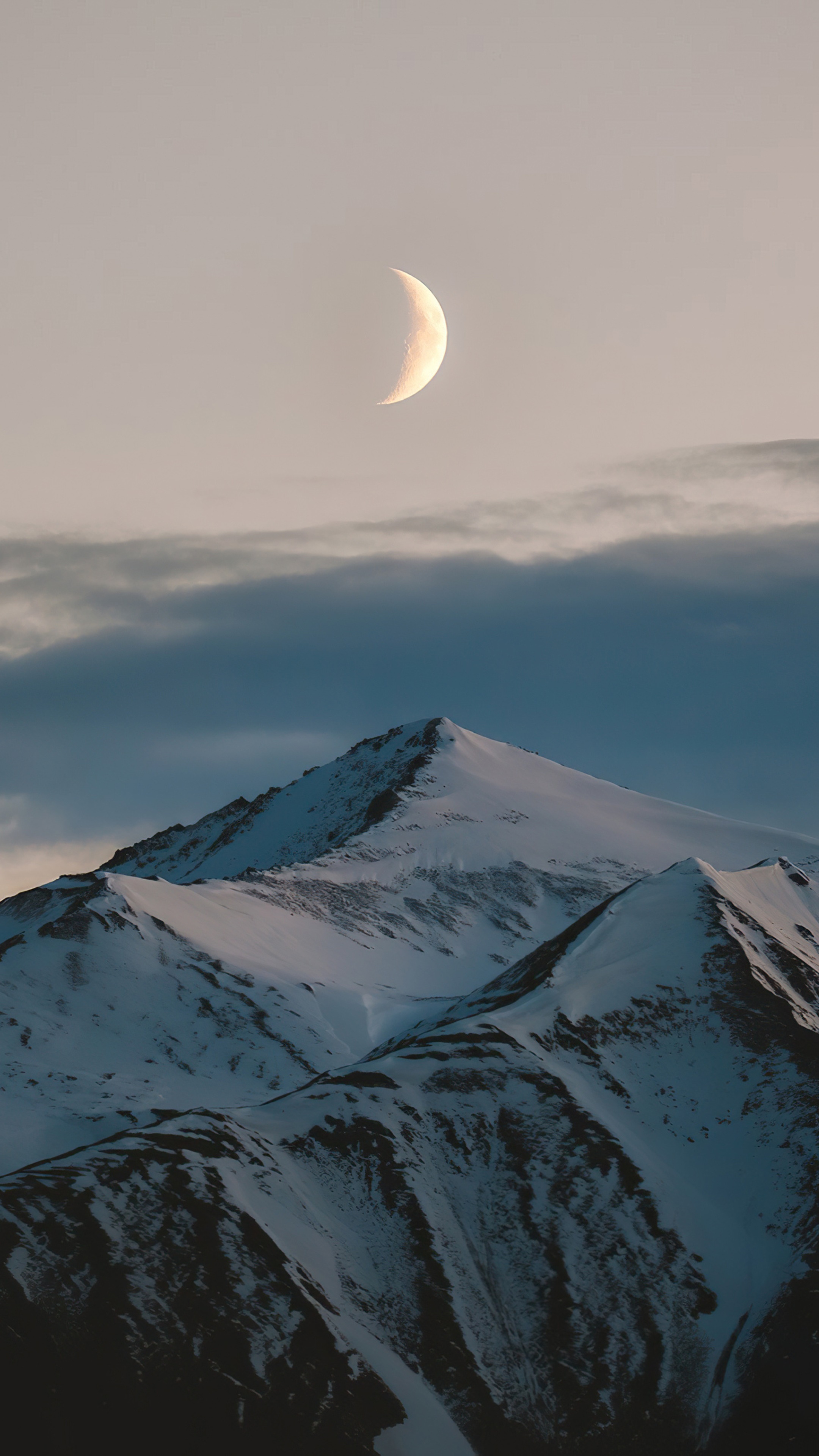 Crescent moon over snow-covered mountains HD Phone Wallpaper