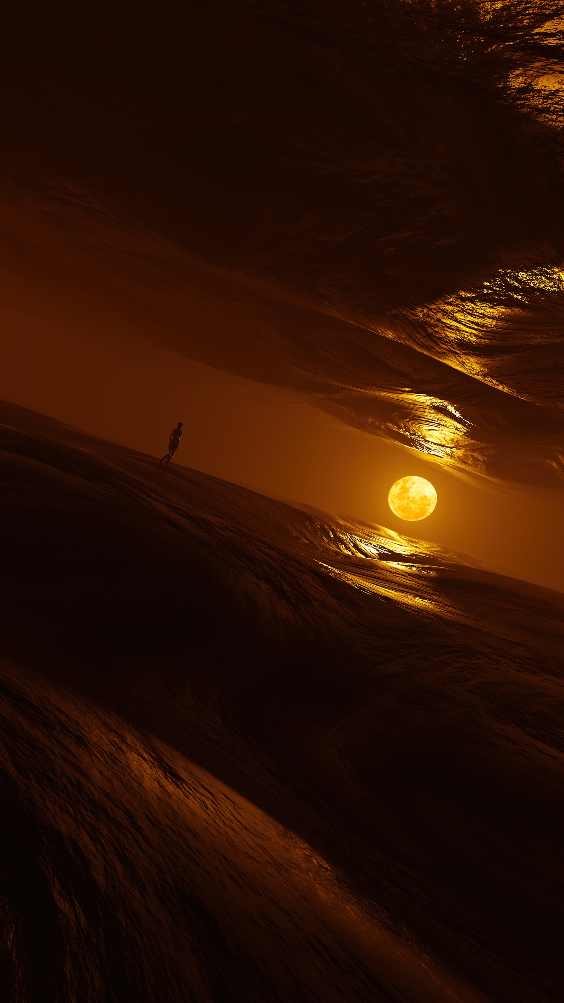 Digital art with a lone figure and a large moon HD Phone Wallpaper
