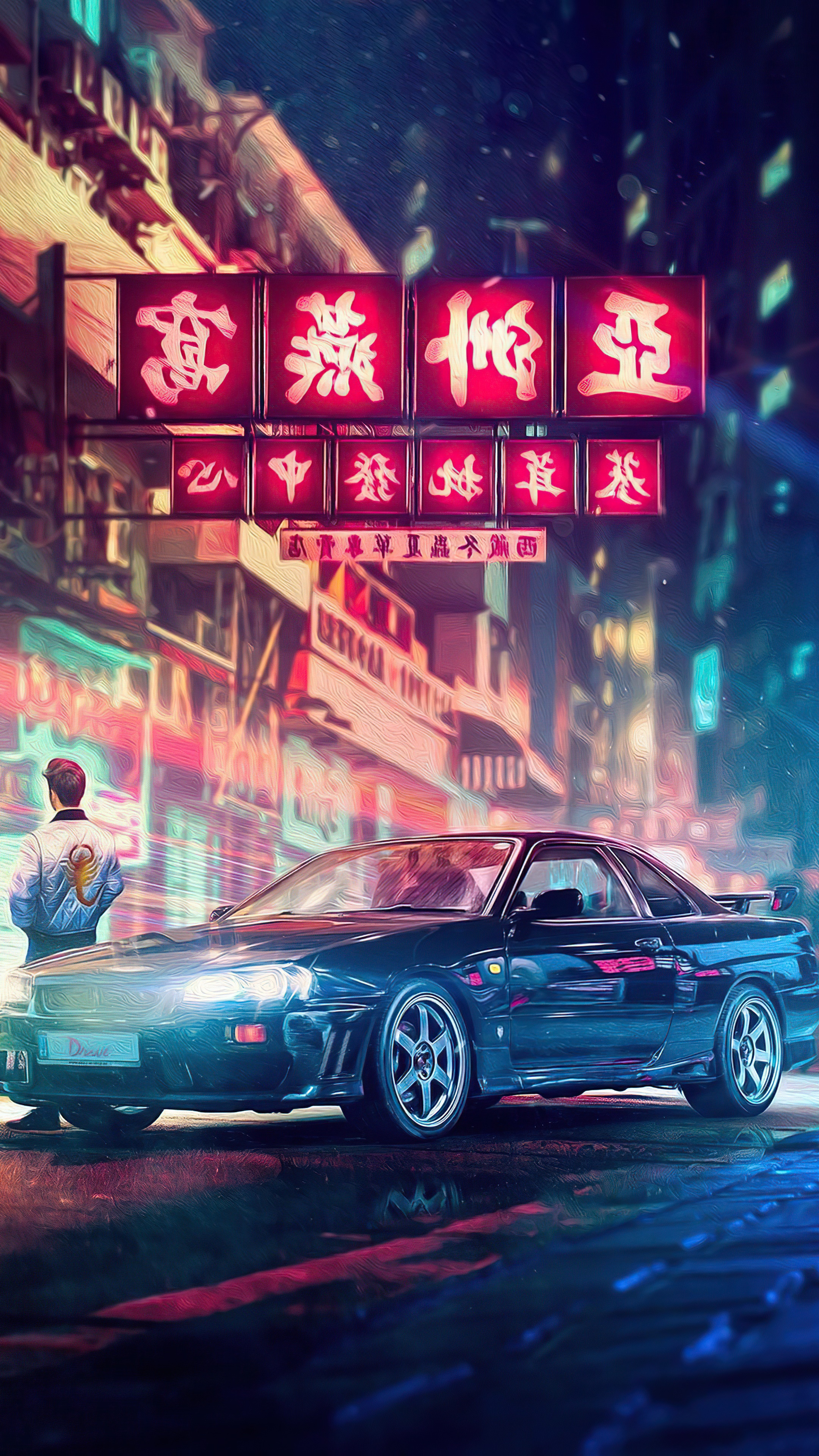 Cyberpunk Cityscape with Sports Car and Man HD Phone Wallpaper