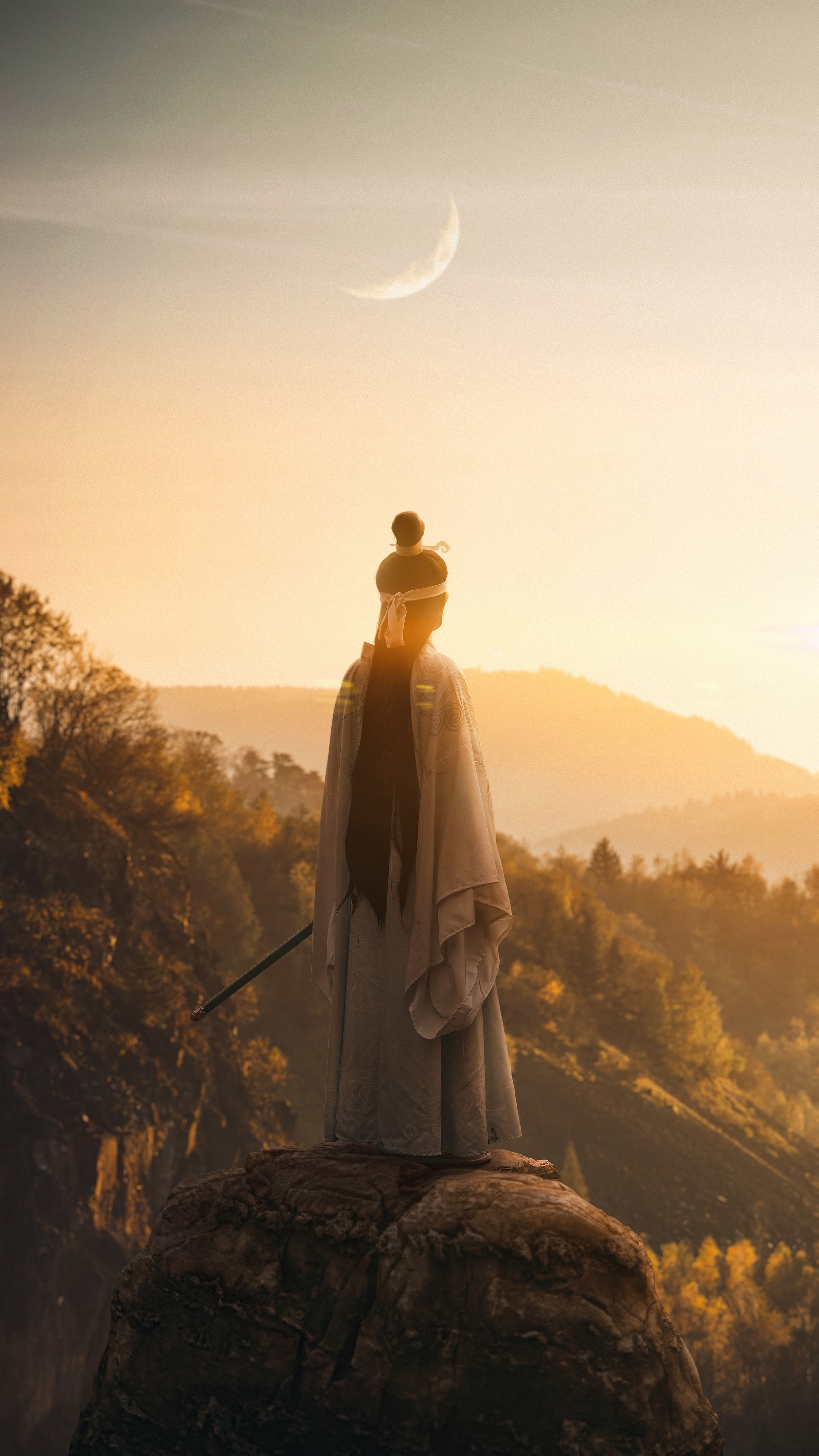 Samurai warrior on a cliff at sunset 4K HD Phone Wallpaper