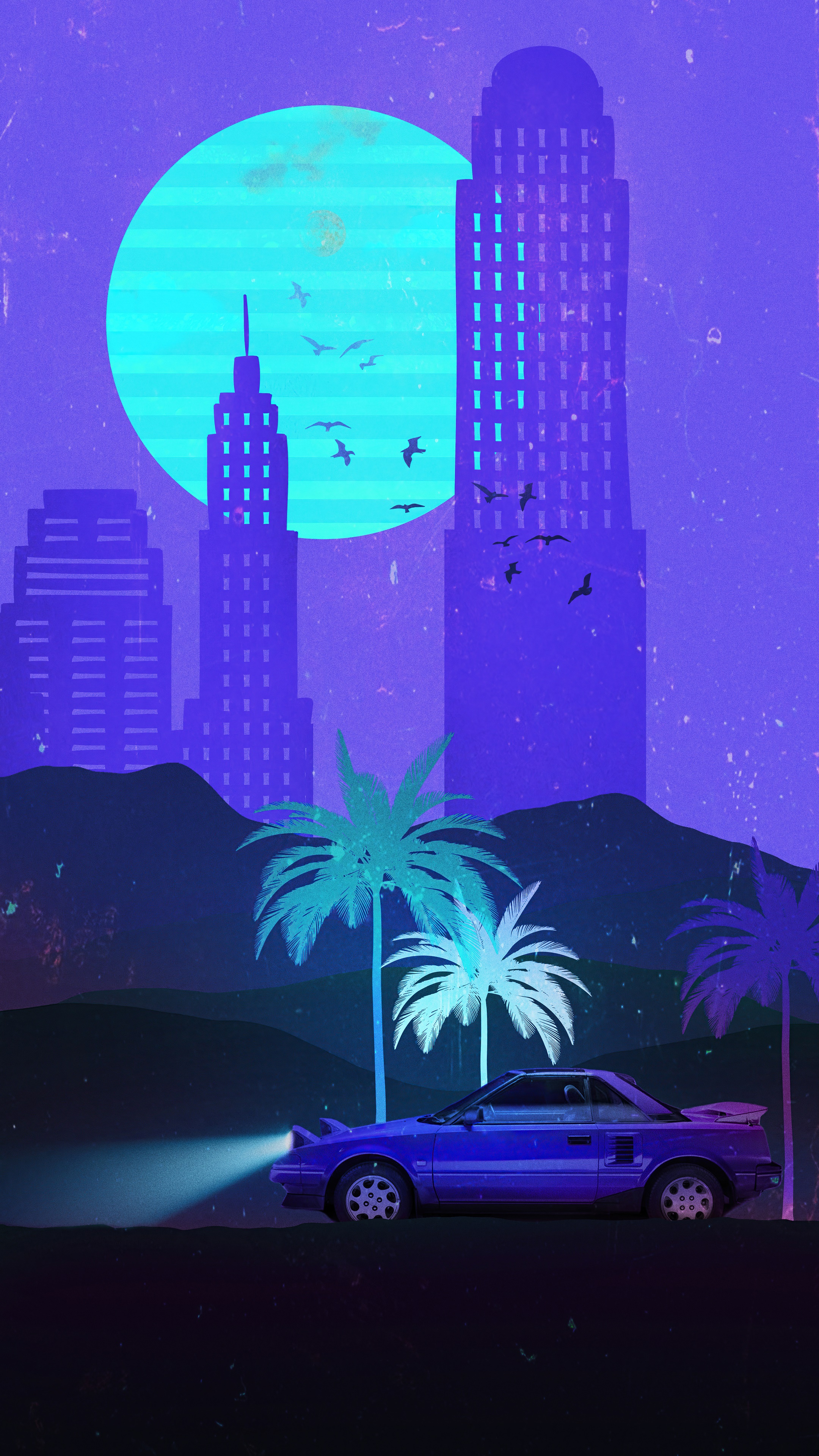 Retro cityscape with a car and palm trees HD Phone Wallpaper