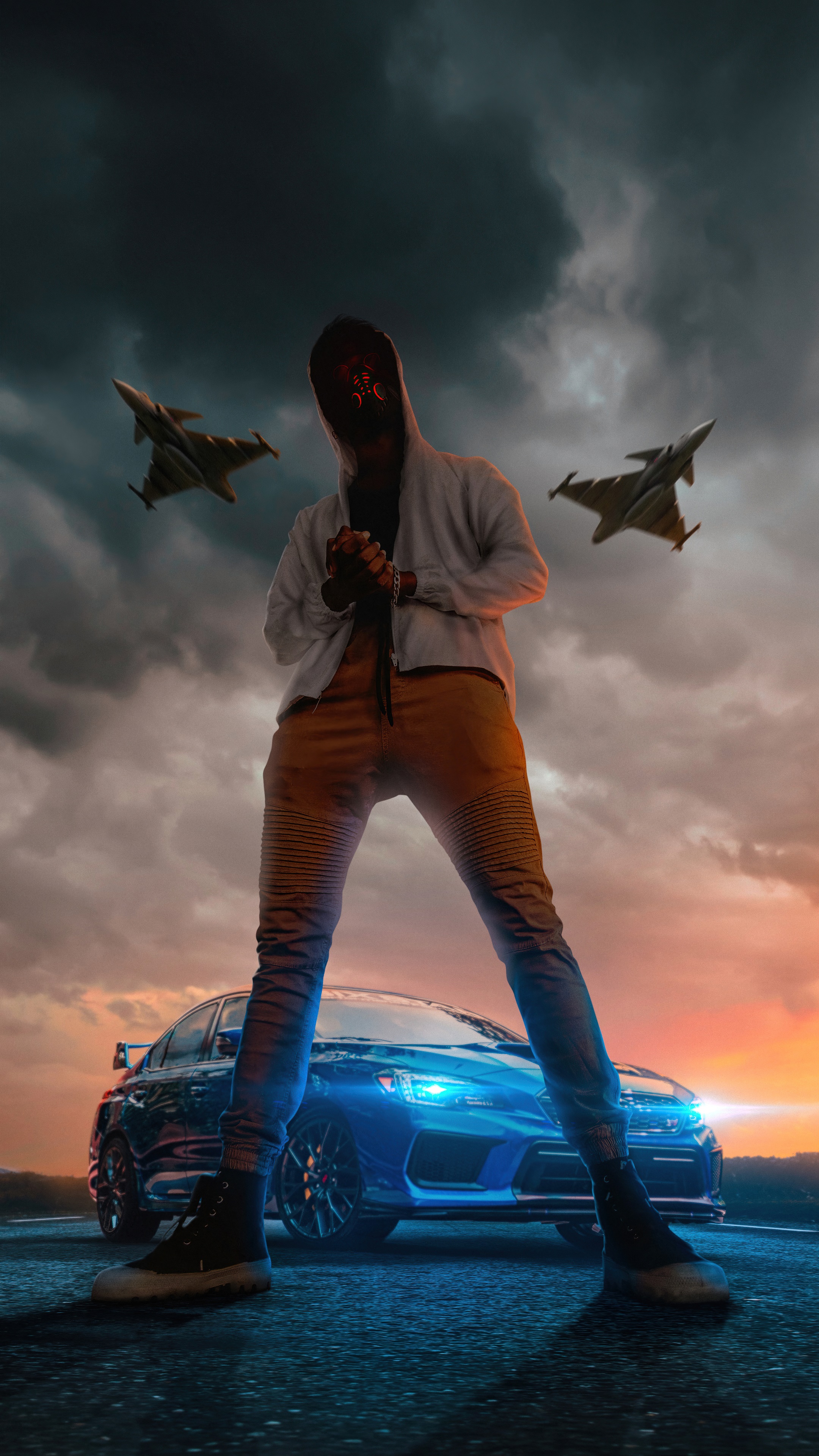 Man in mask with fighter jets and sports car HD Phone Wallpaper