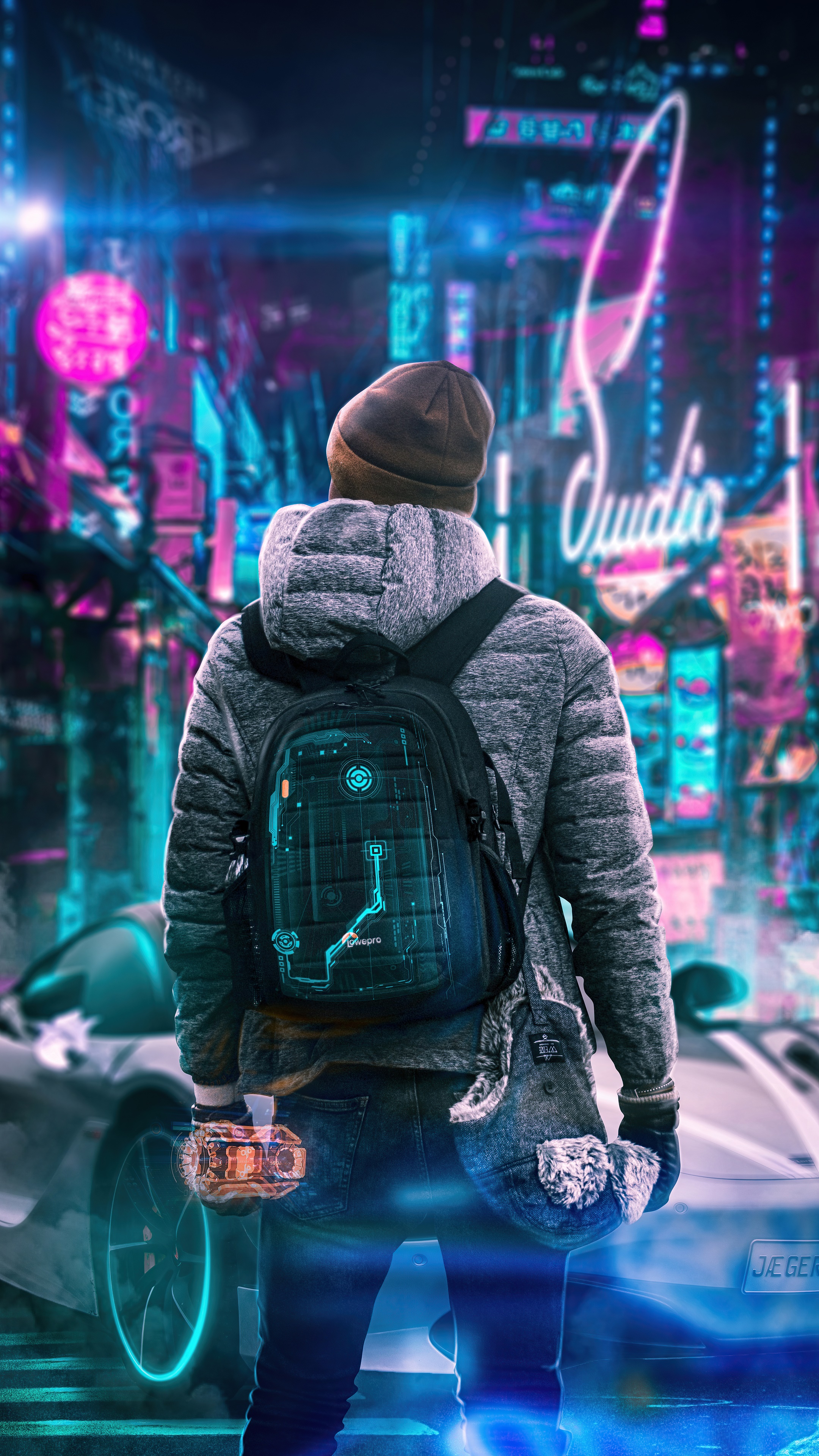 Man with backpack in cyberpunk city 4K HD Phone Wallpaper